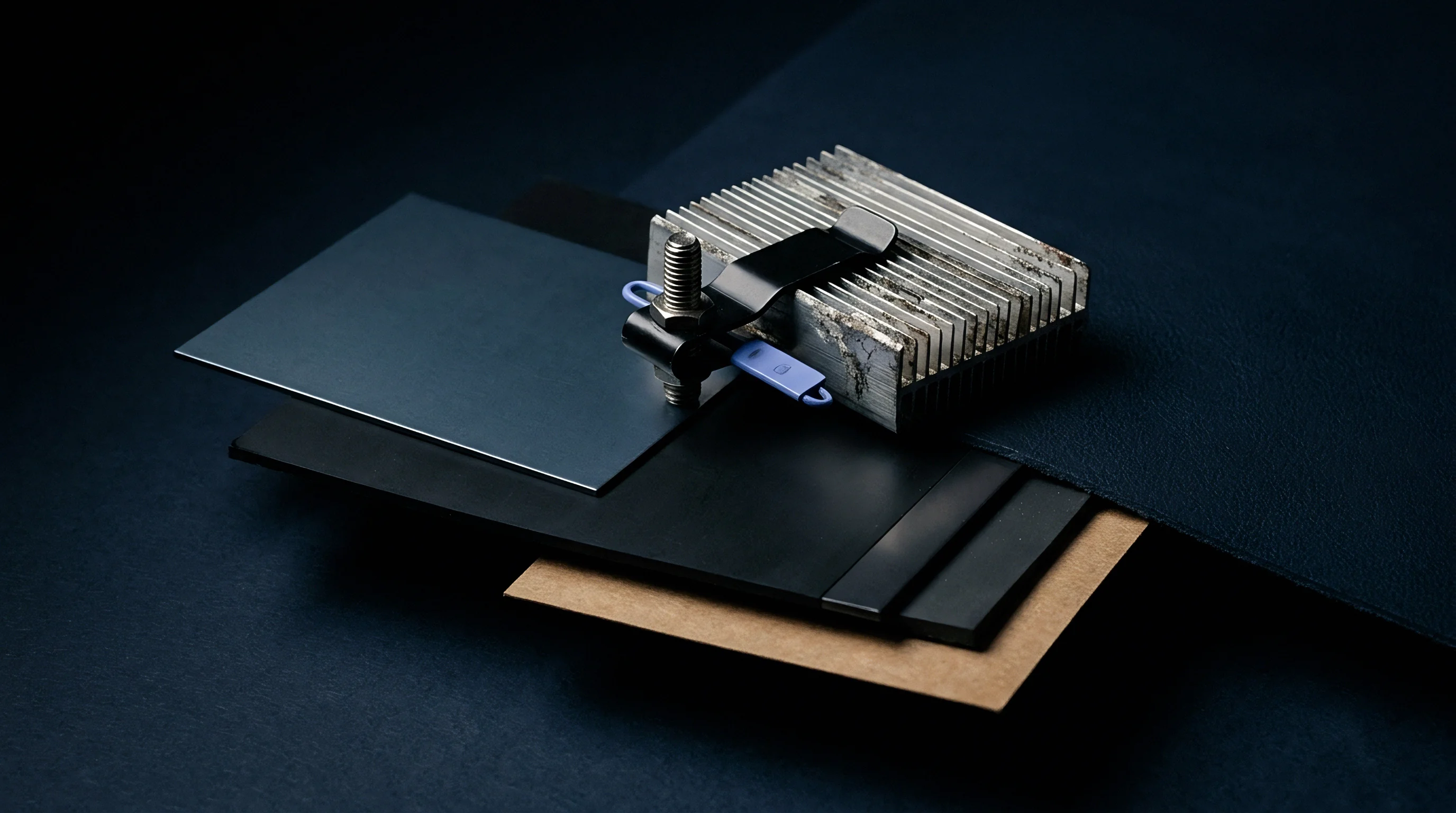 Stacked polymer sheets and metallic heatsink components rest alongside industrial fasteners on a dark testing surface.