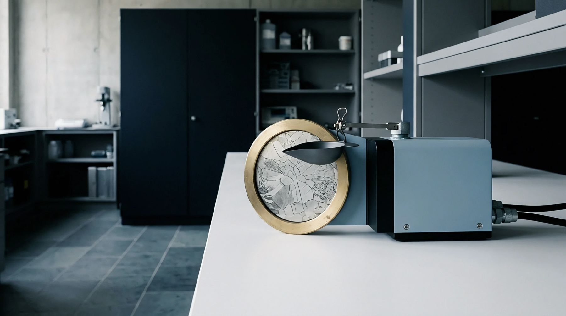 A mechanical testing apparatus equipped with a fractured sample rests on a white workbench inside a materials research laboratory.