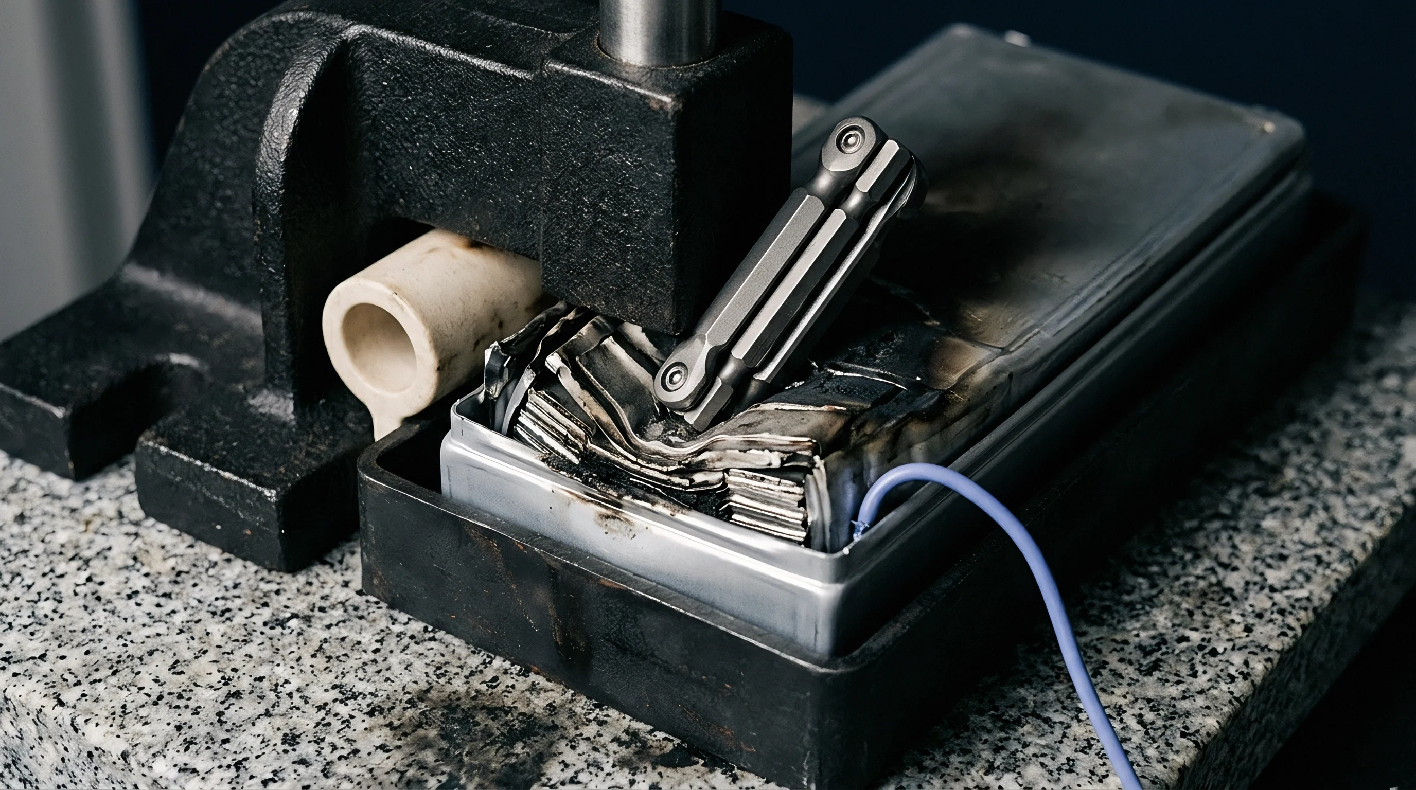 A heavy industrial metal press forcefully deforms the top casing of a damaged prismatic lithium ion cell mounted inside a laboratory fixture.