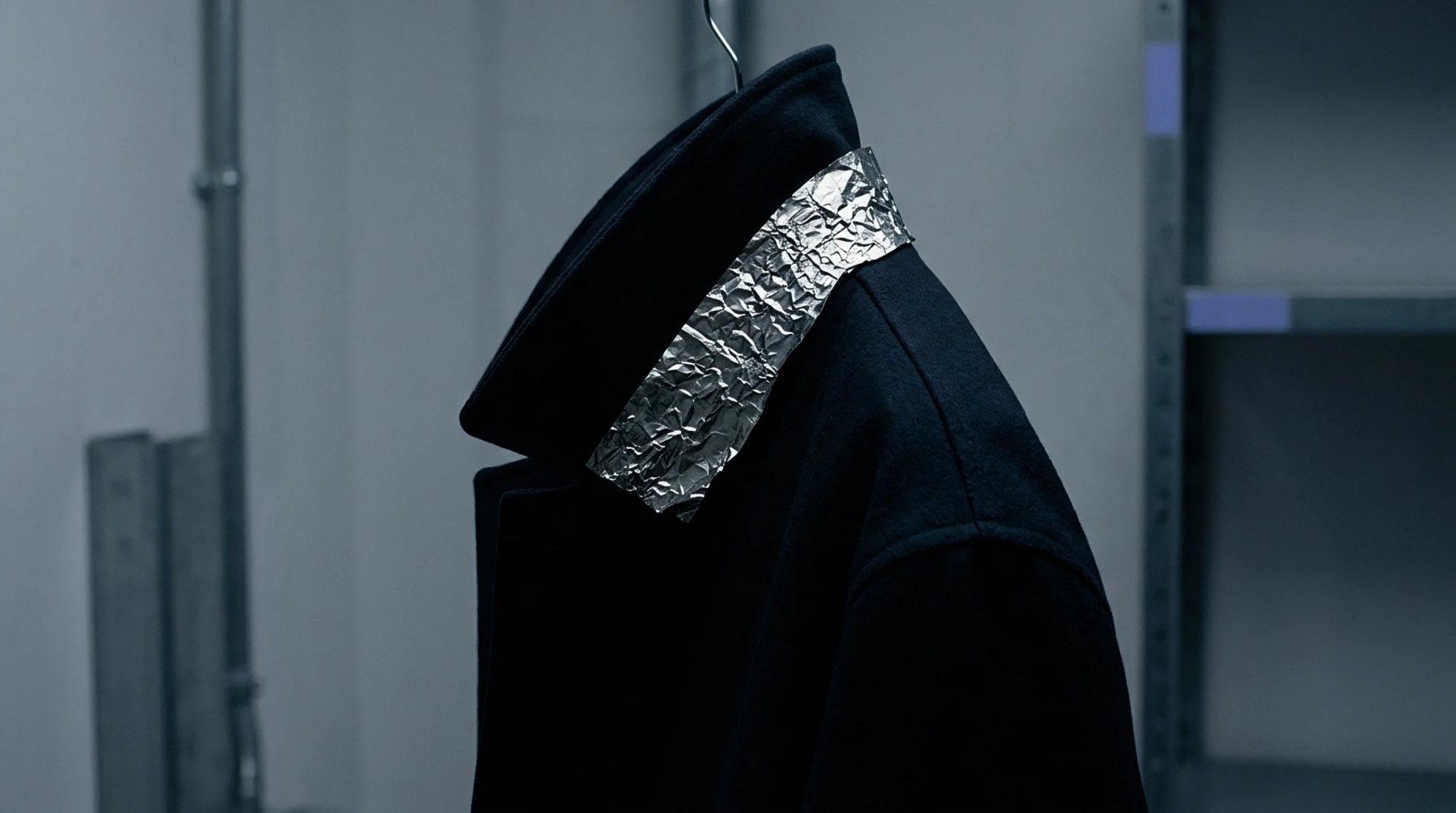 A dark fabric coat features a crumpled metallic foil barrier wrapped tightly around its collar inside an industrial storage facility.