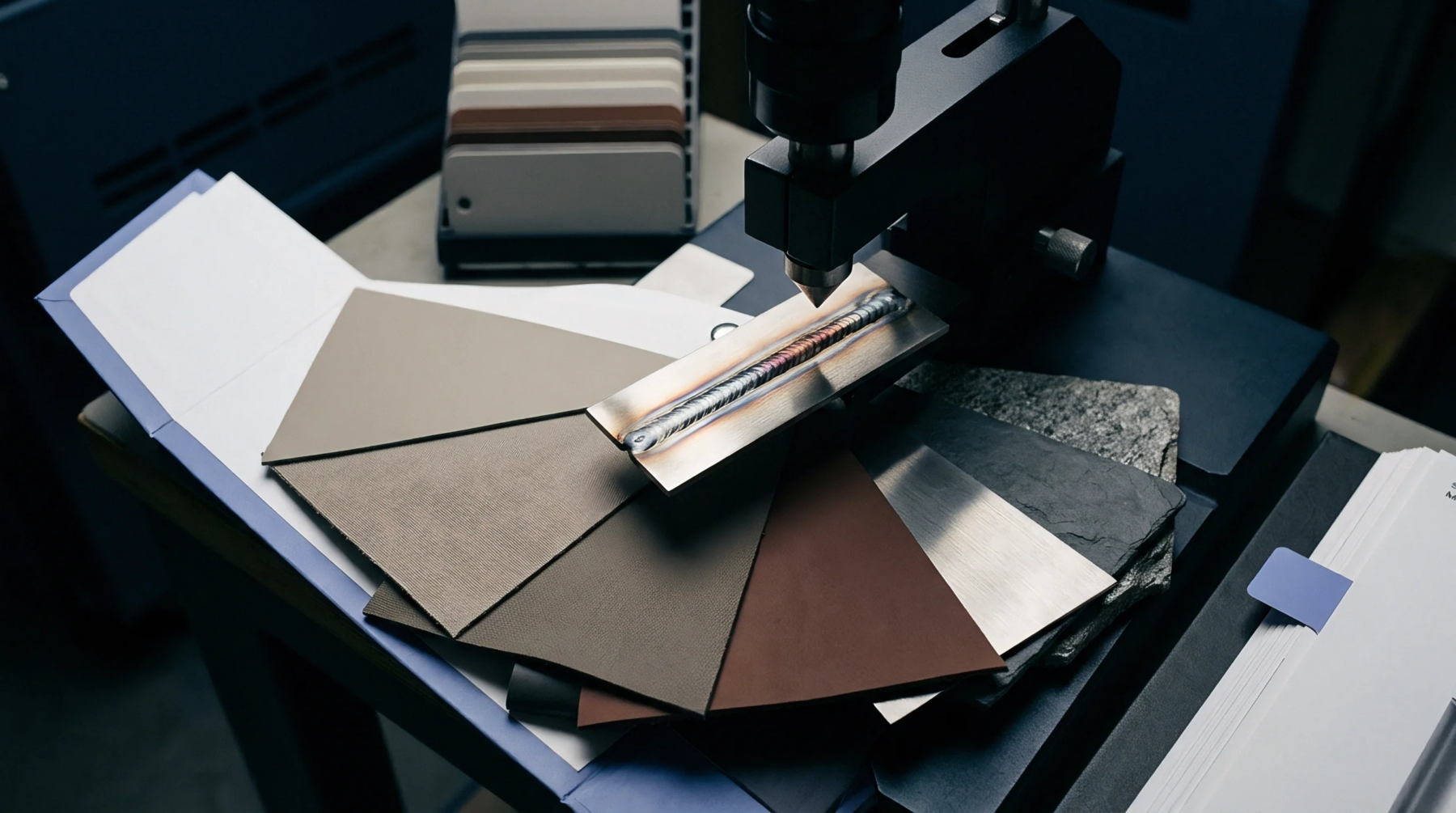 Industrial inspection equipment examines a welded steel test piece positioned above an organized fan of diverse material samples on a laboratory workbench.