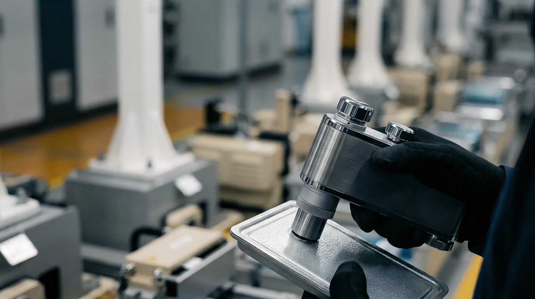 Gloved hands press a precision optical measuring head against a rectangular metal cover inside a clean automated battery manufacturing facility.