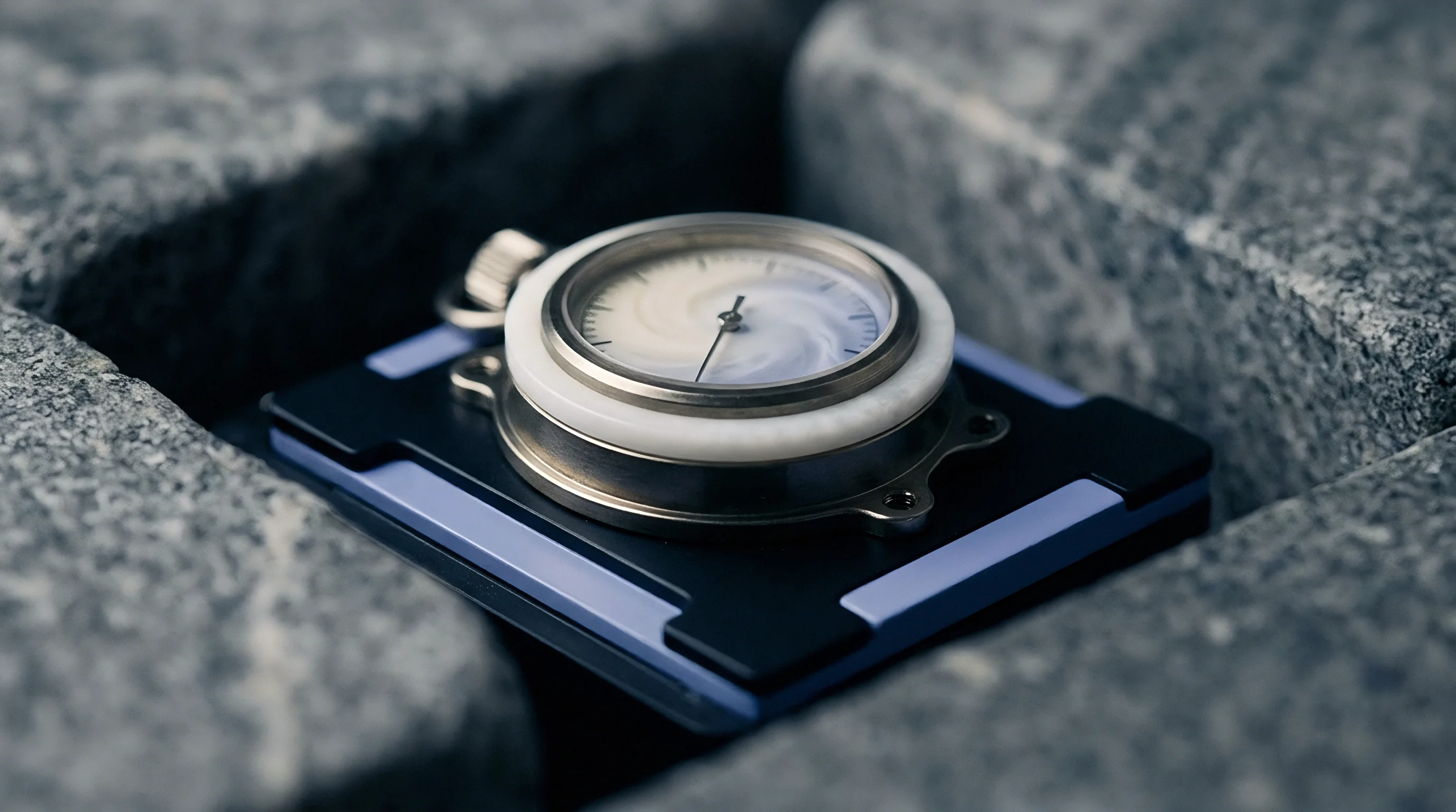 A circular instrumentation module with a metal bezel rests on a flat rectangular support between grey textured block structures.