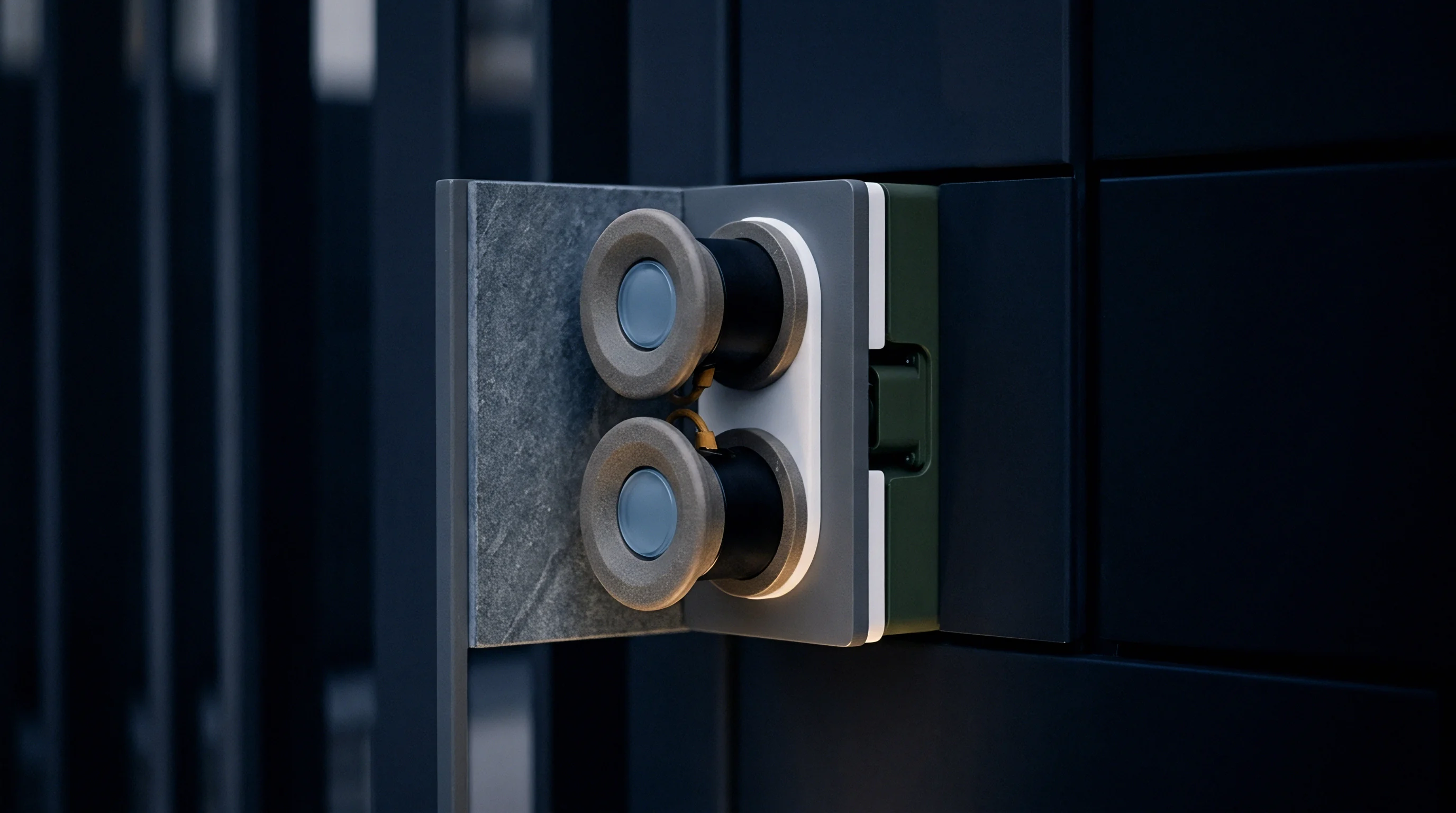 Digital render of a modular battery connection interface featuring dual cylindrical terminals mounted horizontally within a dark structured wall panel.