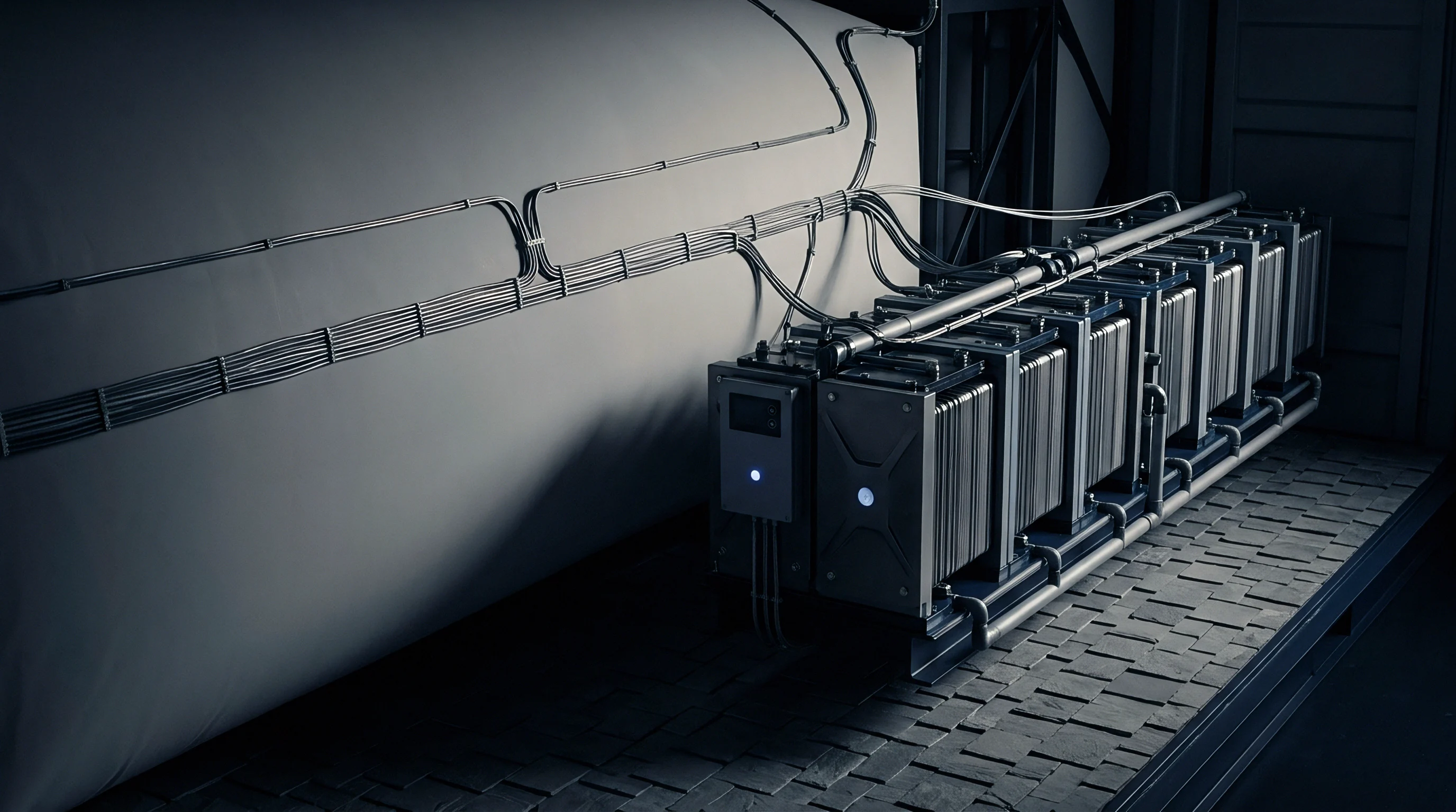 Metallic electrochemical battery stacks connect to insulated fluid tanks along dark brick flooring inside a manufacturing facility.