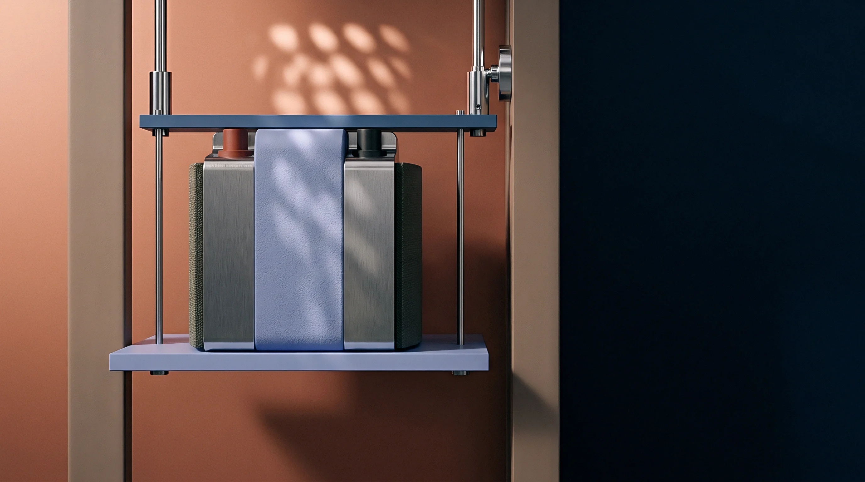 Metallic rectangular modules with distinct color coded terminals rest securely between horizontal blue storage supports within a structured vertical metal frame.