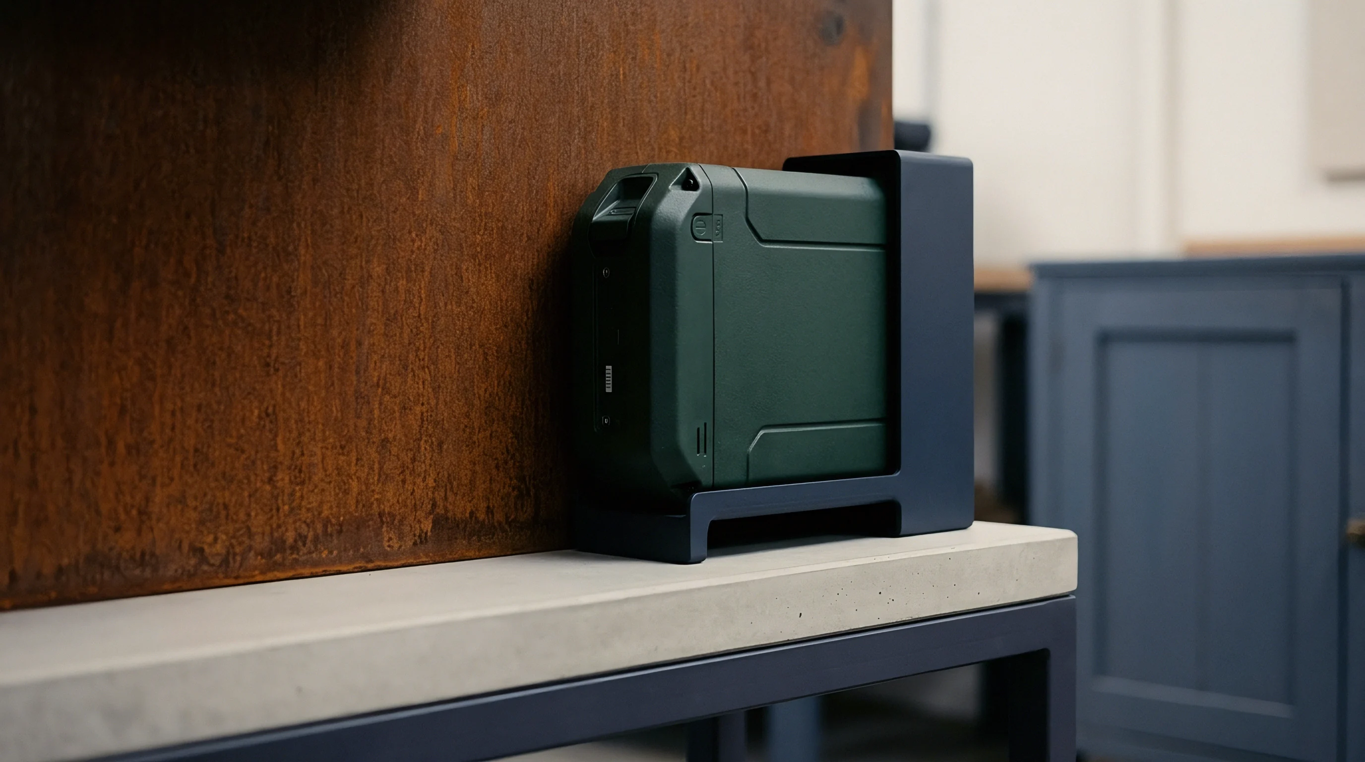 A green modular power pack rests within a dark blue composite dock on a concrete-topped industrial workstation bench.