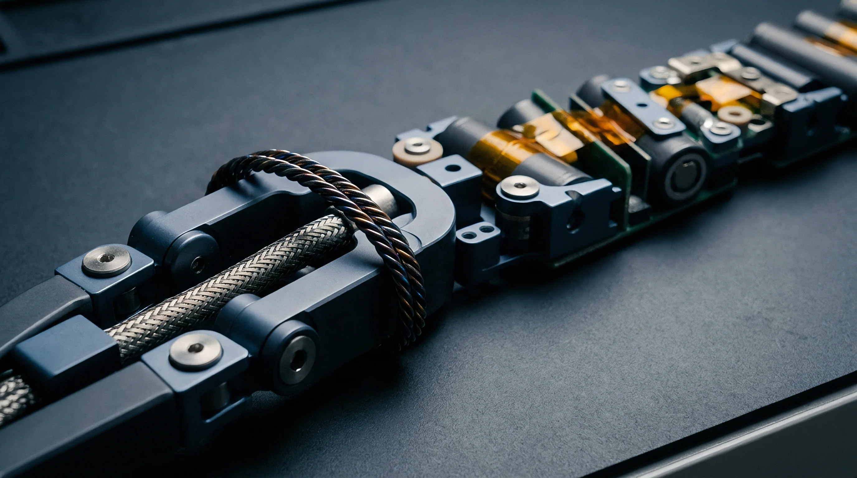 Precision machined metallic joints and braided cabling connect modular electronic segments across a dark industrial assembly surface.