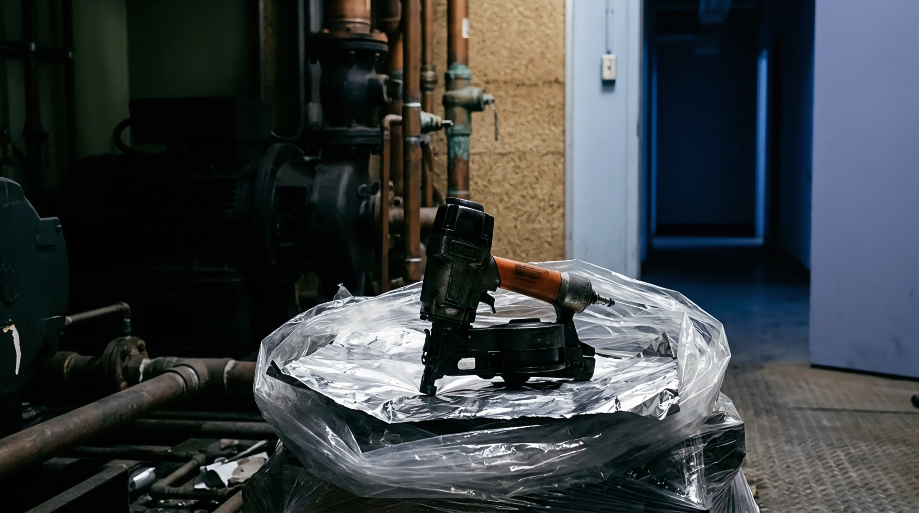 A pneumatic fastening tool rests atop metallic foil and clear polyethylene sheeting inside an industrial mechanical utility room.