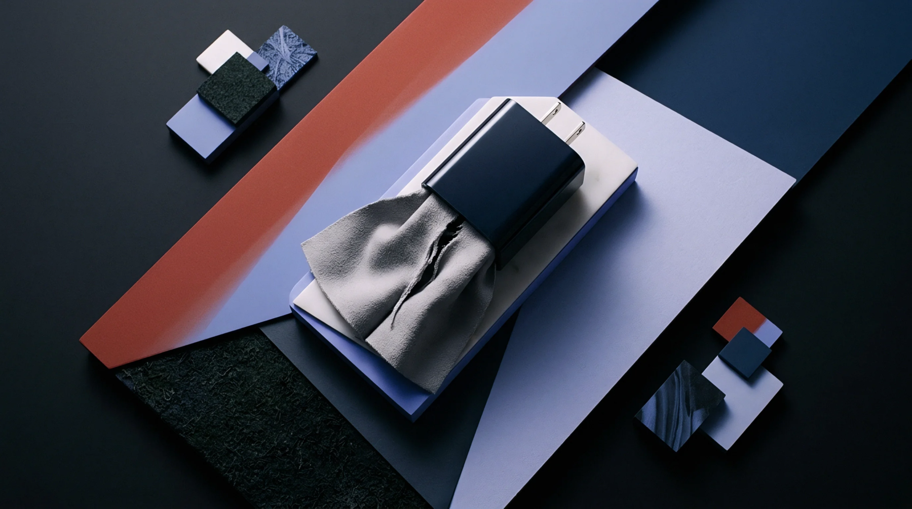 A dark metallic battery enclosure rests on textured microfiber cloth atop a rigid polymer plate surrounded by geometric color swatches.