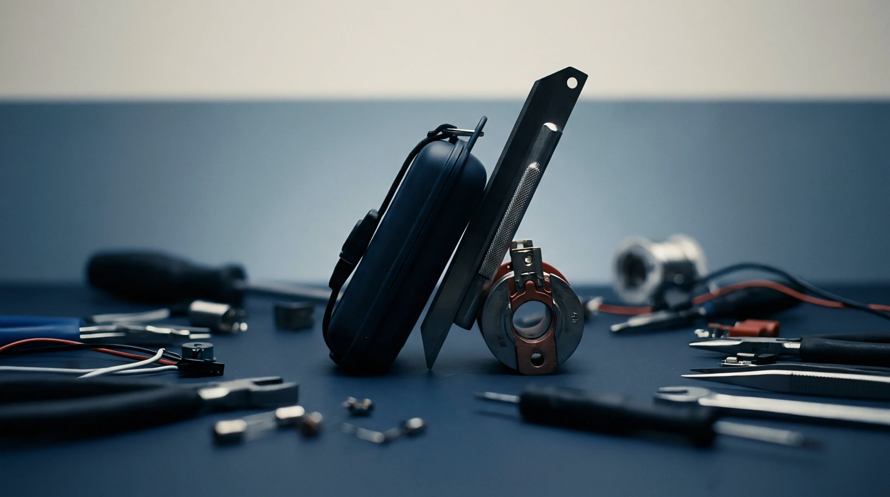 Portable power station assembly components and handheld tools rest on a dark workbench during prototype manufacturing.