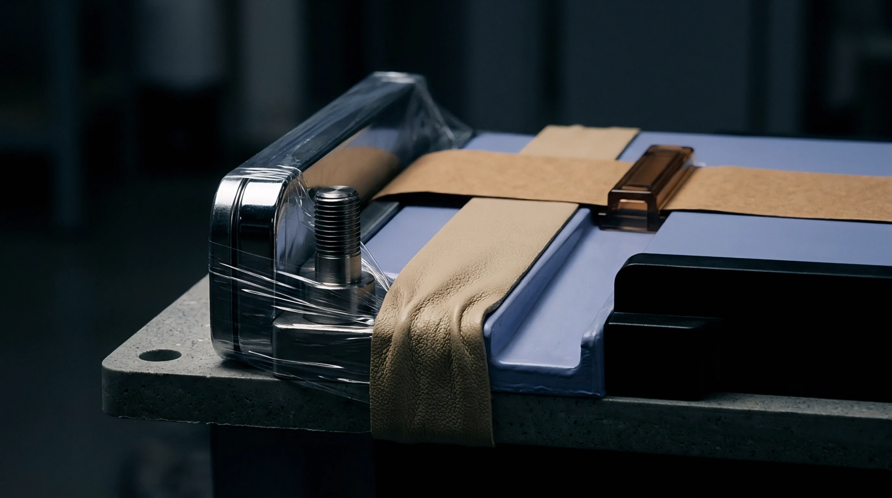 A prototype battery pouch cell compression jig with leather straps rests on a grey granite workbench in a manufacturing lab.