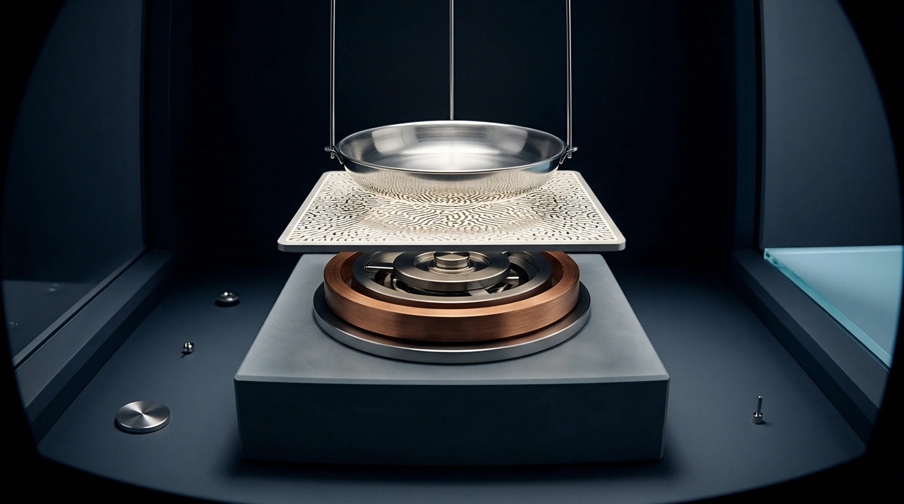 A metallic sample pan hangs above a patterned weighing platform and copper coil inside a dark analytical instrument enclosure rendered digitally.