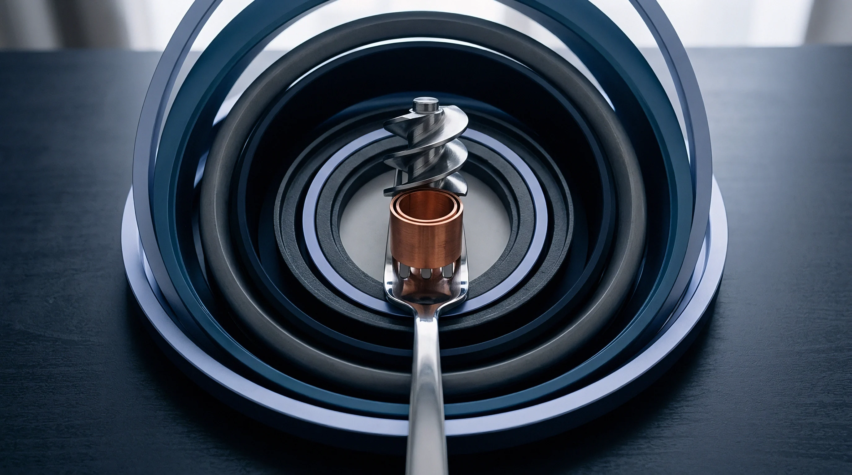 Metal mechanical elements including concentric gaskets and a spiral feed screw rest on a dark industrial surface alongside a polished fork.