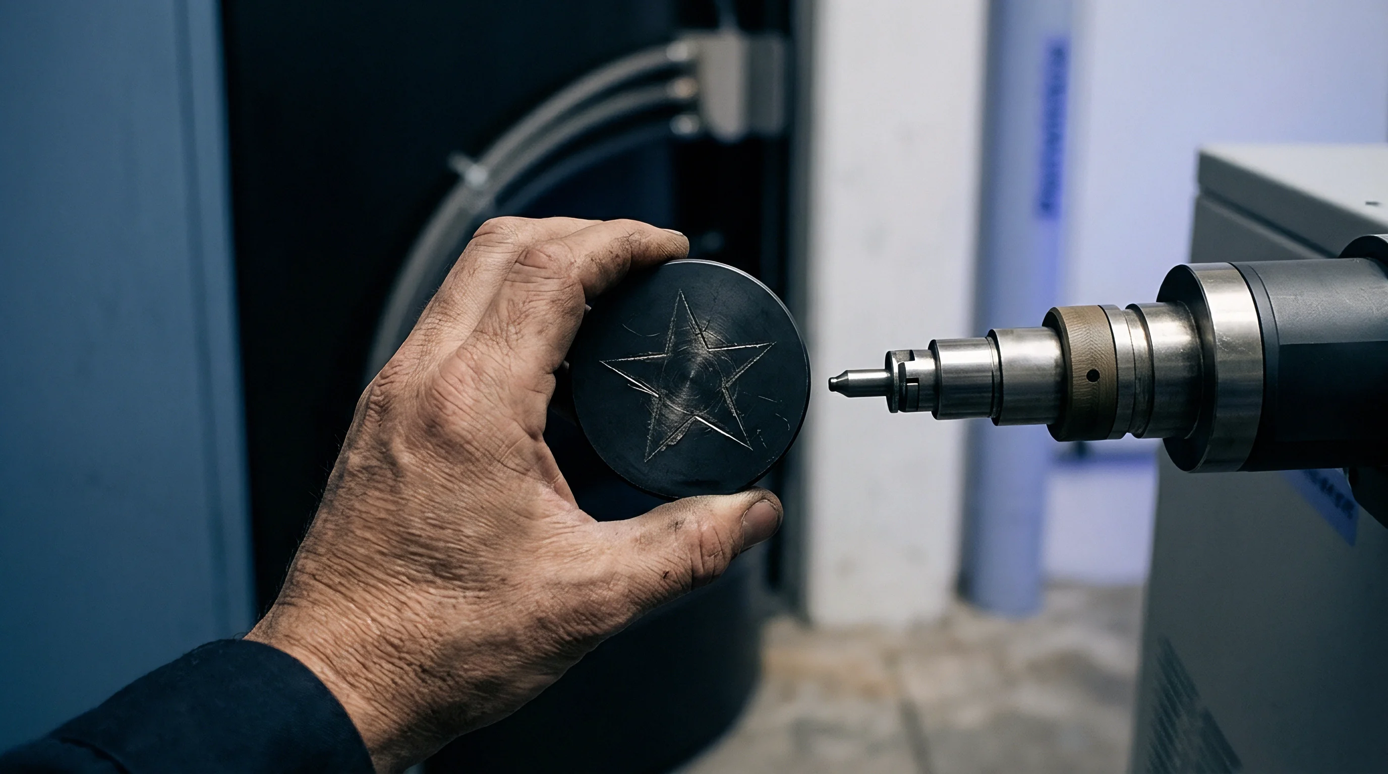 An industrial technician holds a machined metallic component near a precision testing spindle inside a production assembly plant.