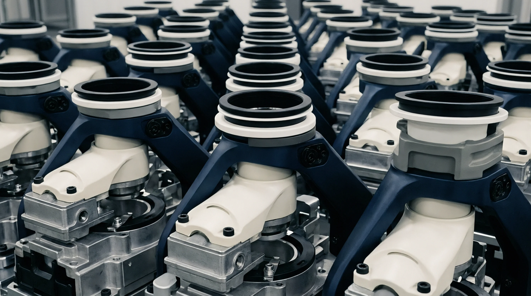 Precision molded polymer and machined aluminum battery module housing frames sit aligned on automated factory production lines ready for final integration.