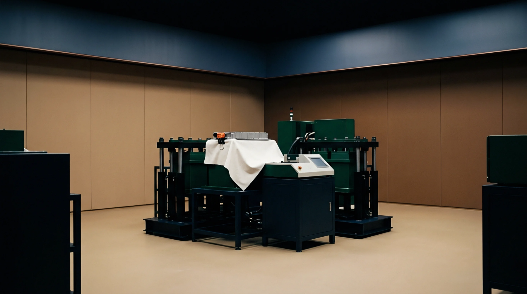 Heavy green mechanical presses and a control console occupy a beige industrial testing room for energy storage components.