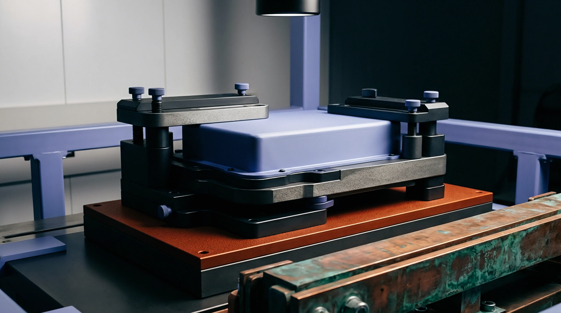 A blue prismatic battery module inside a precision steel workholding fixture rests upon an industrial testing platform.