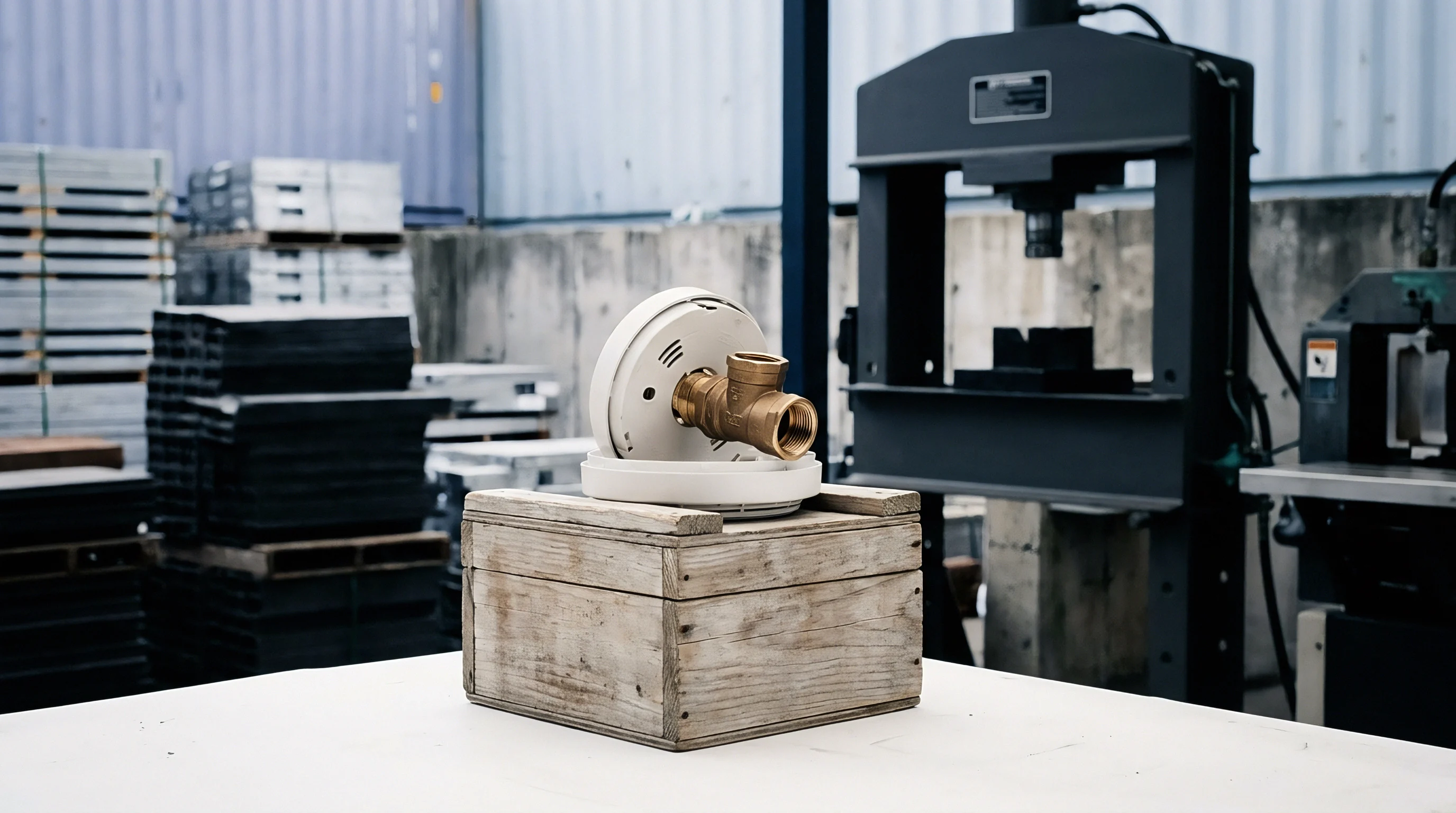 A machined brass and white polymer valve assembly rests upon a weathered wooden crate inside an active manufacturing plant.