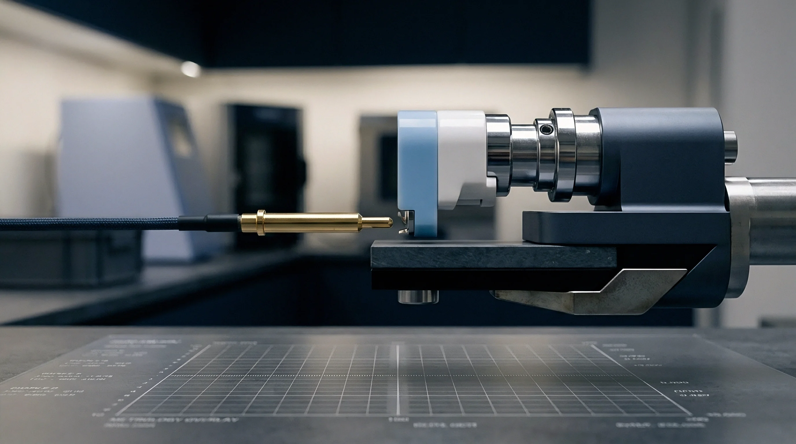 A metallic connector from a braided cable interfaces with a precision electromechanical assembly on a dark surface.