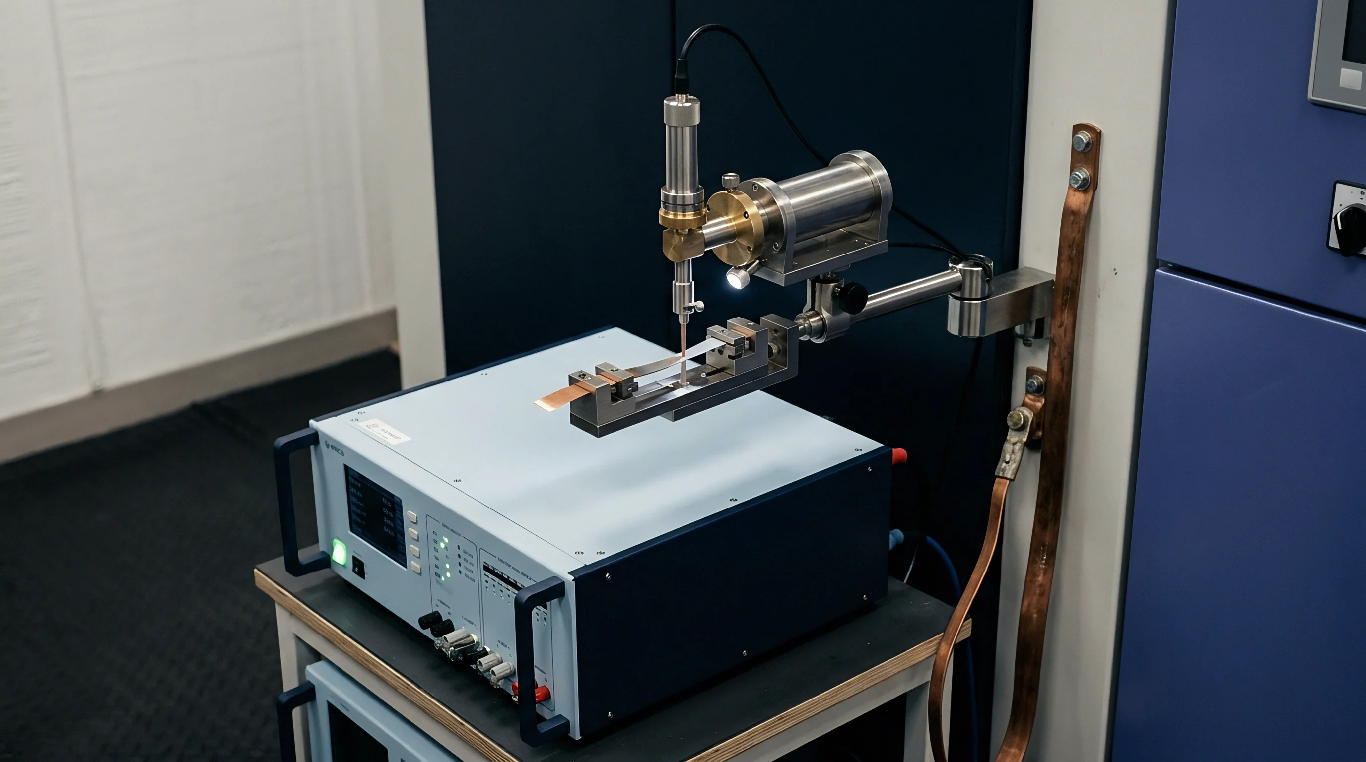 Electrical test instrumentation secures a metal foil strip in a specialized mechanical fixture for automated conductivity and resistance measurement procedures.