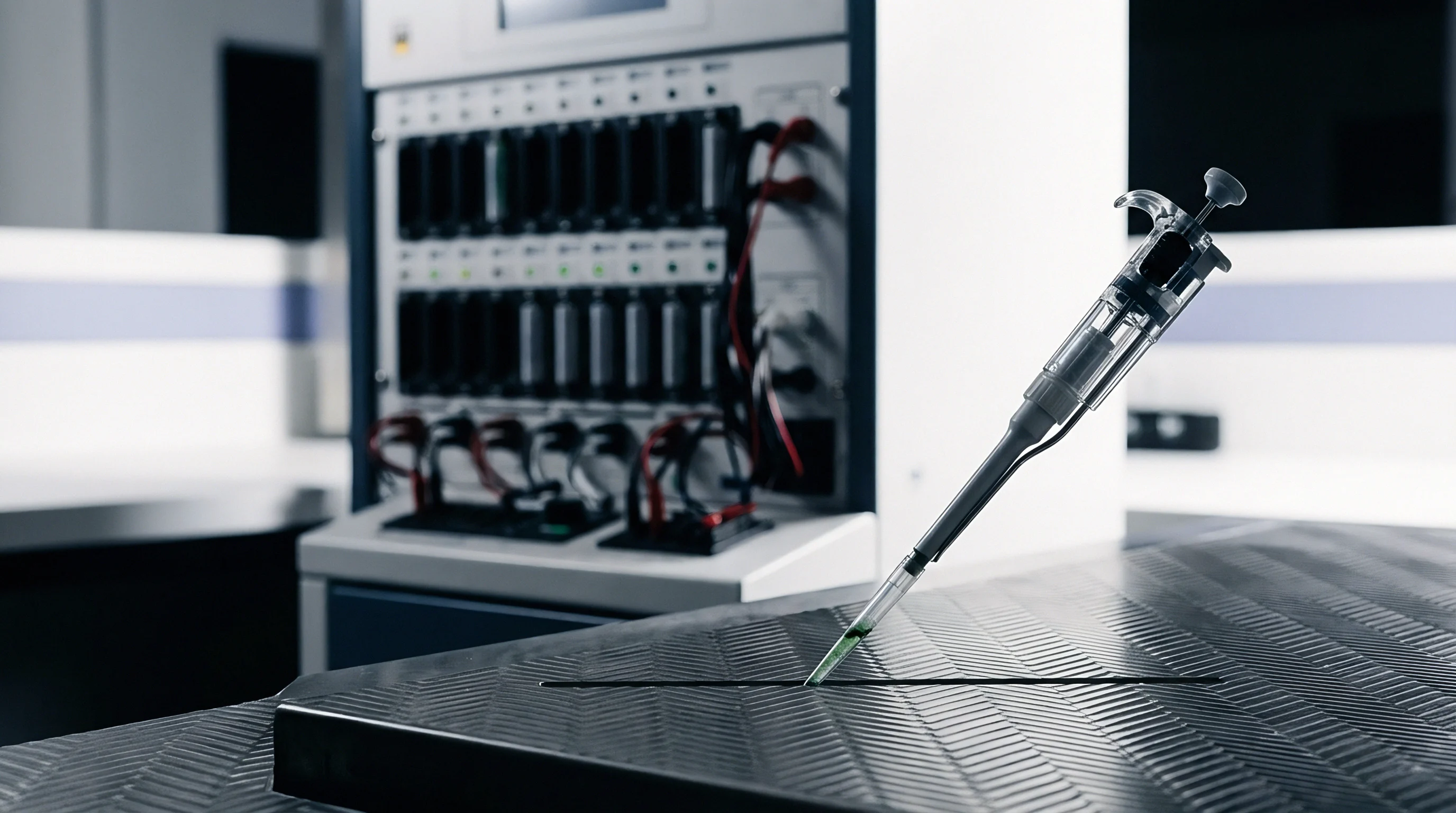 A precision micropipette containing green liquid rests on a textured composite workbench inside a battery testing laboratory.