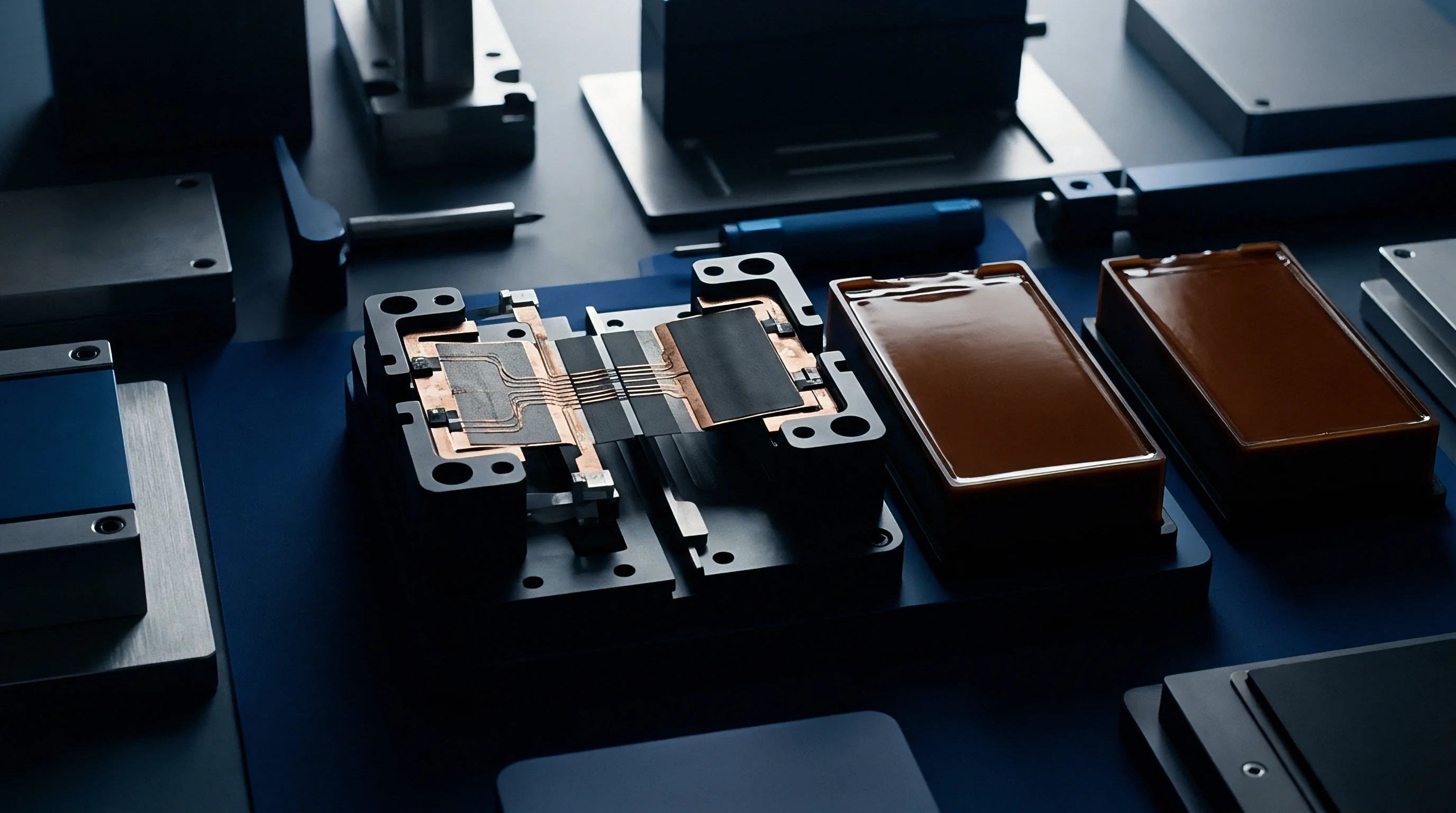Precision manufacturing fixtures secure flexible copper interconnects alongside polymer blocks on a dark industrial assembly workstation.