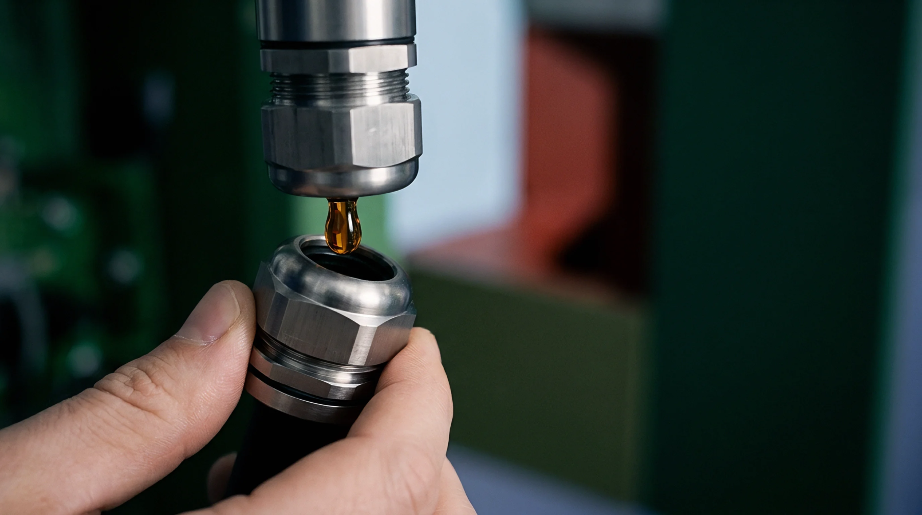 Two hands hold a metallic cable gland under an automated nozzle dispensing a single droplet of amber protective sealant.