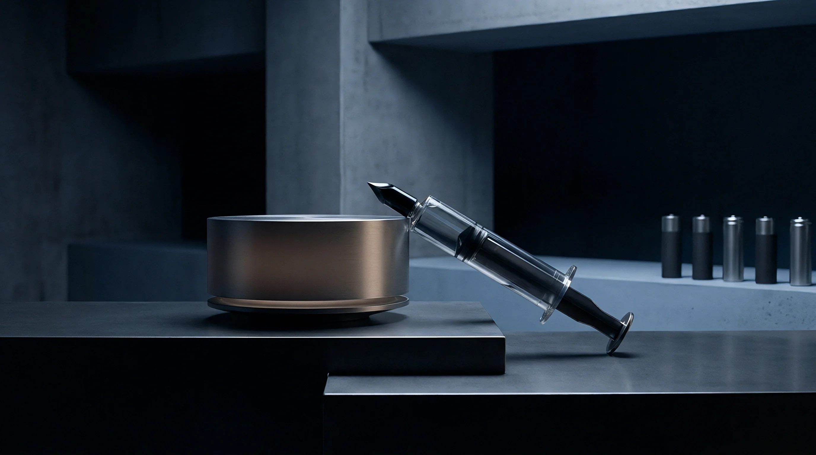 Translucent precision injection tool rests near a metallic cylindrical housing on geometric platforms beside six cylindrical power storage units inside a dark workshop.