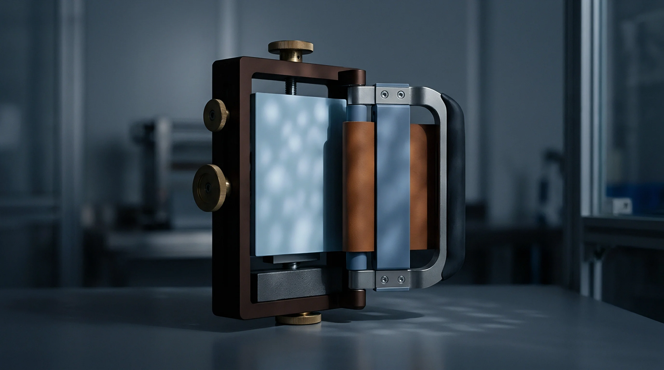 A digital render shows a precision laboratory roll press apparatus positioned on a metal workbench inside a battery development facility.