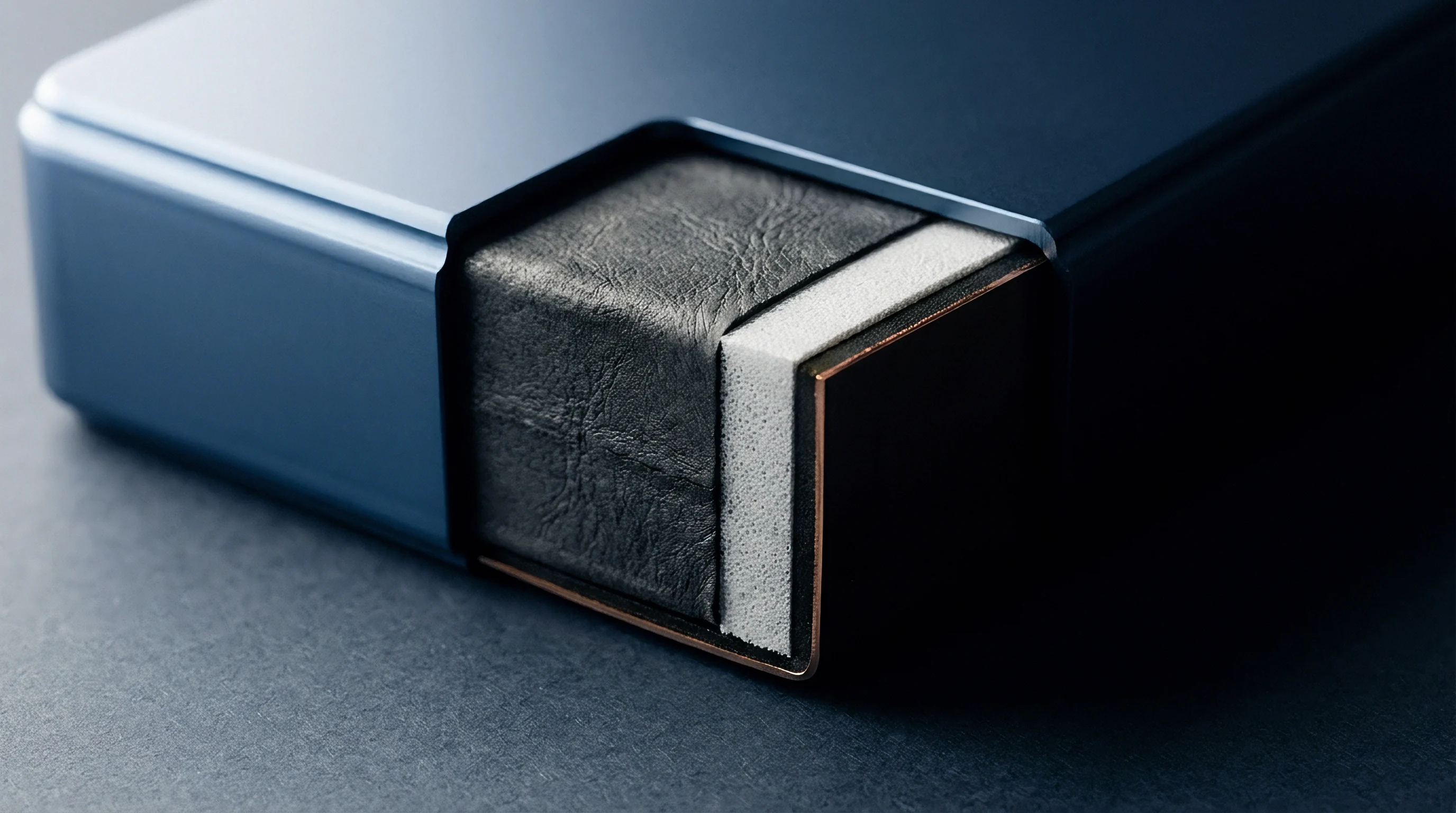 A precisely rendered cutaway illustrates multiple distinct material layers within a compact blue technological component enclosure.