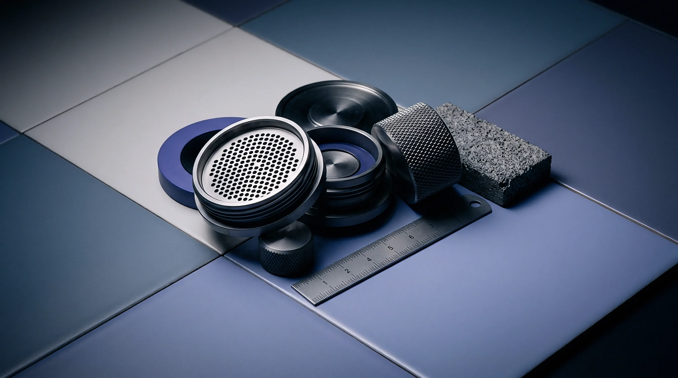 Machined metal hardware components and a textured composite block rest beside a measuring scale upon an industrial tile workbench.