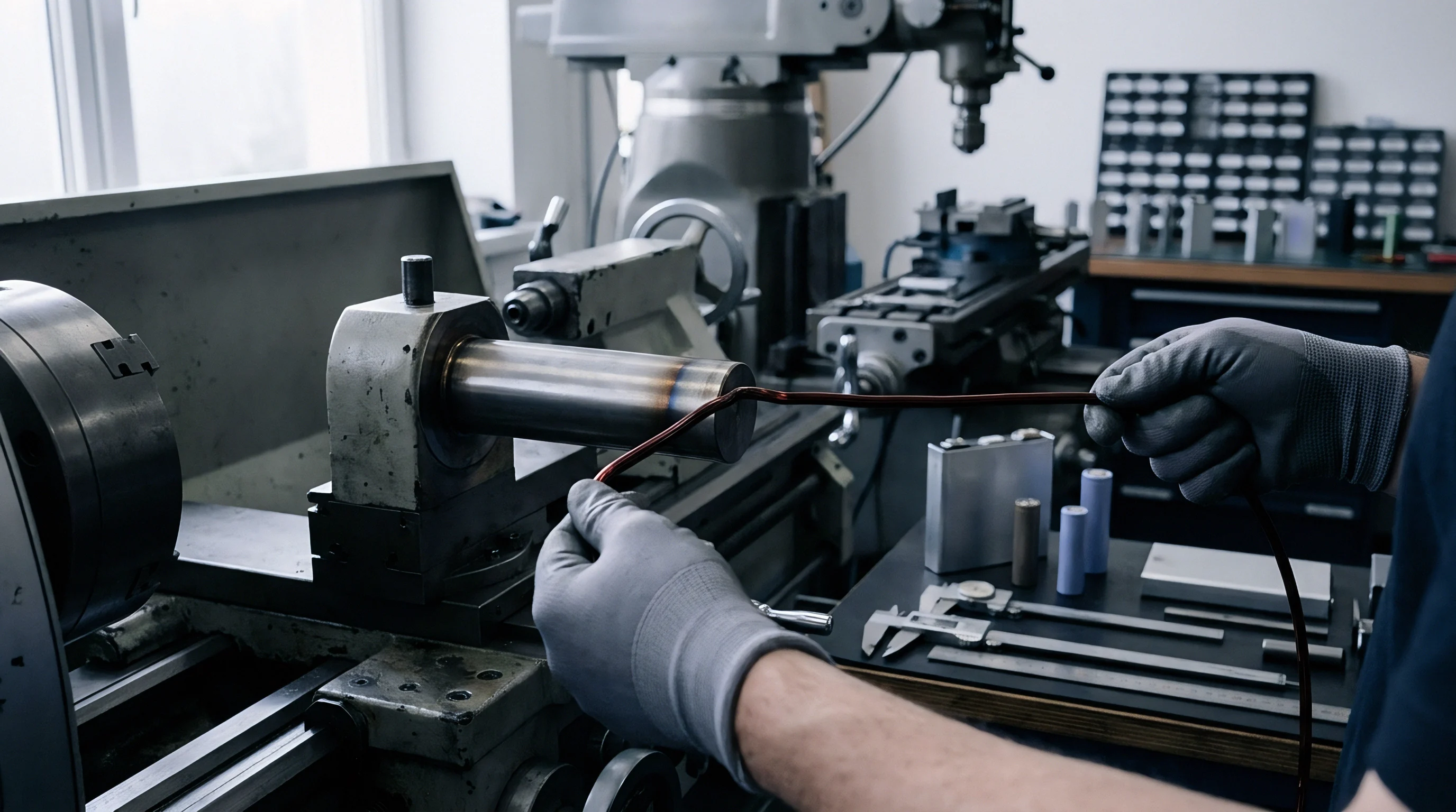 An operator wearing industrial gloves manipulates a thin conductive wire near a cylindrical metal workpiece clamped within a precision machining lathe.