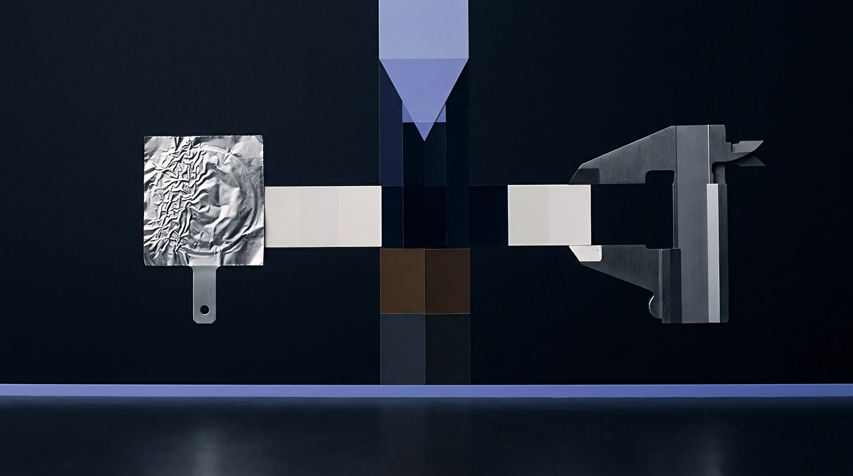 This graphic illustrates a calibrated measurement setup featuring aluminum foil, a spectrum of color squares, and a precision caliper against a dark background.