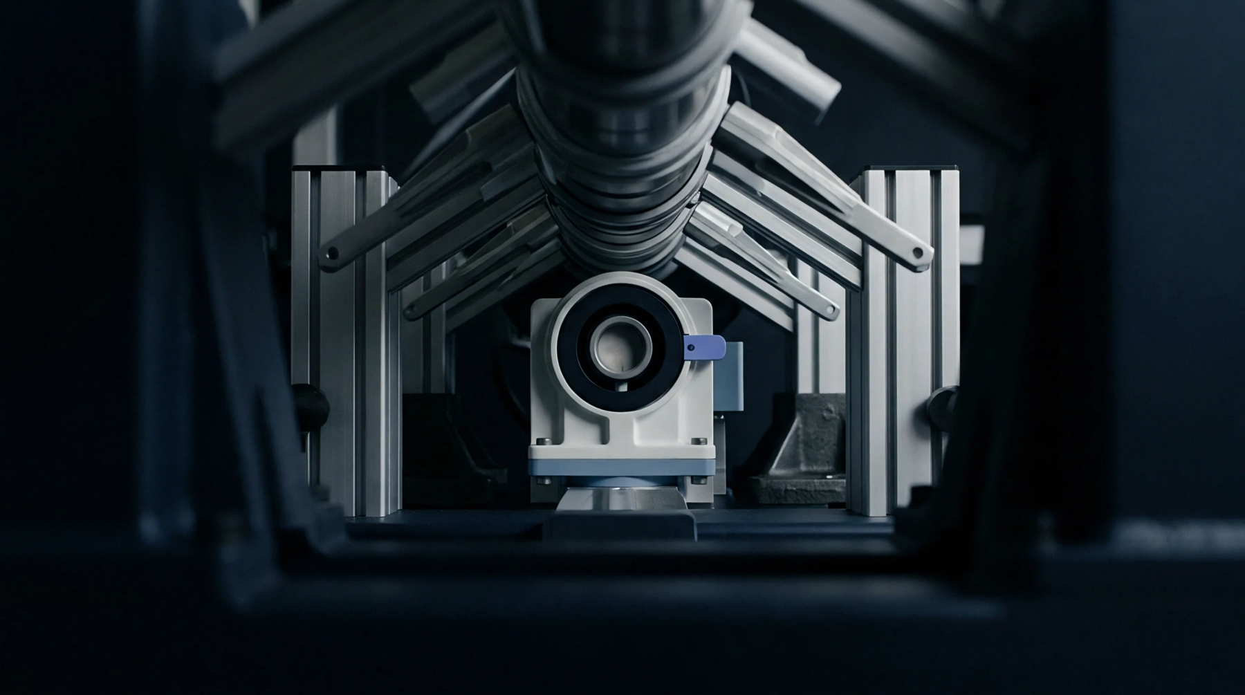 Precision aluminum structural framing and steel bearing assemblies align along an automated industrial production corridor designed for energy storage manufacturing.