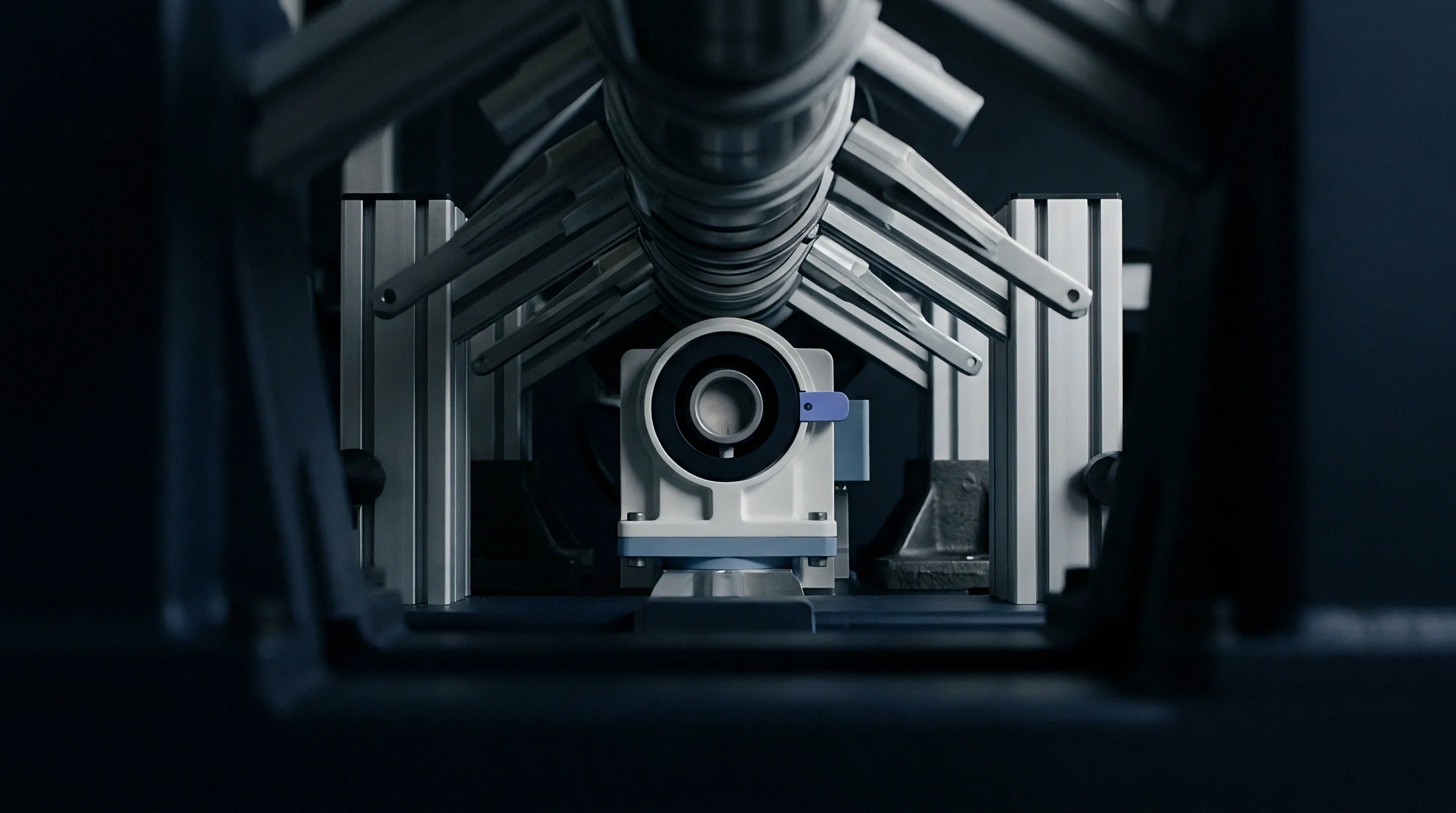 Precision aluminum structural framing and steel bearing assemblies align along an automated industrial production corridor designed for energy storage manufacturing.