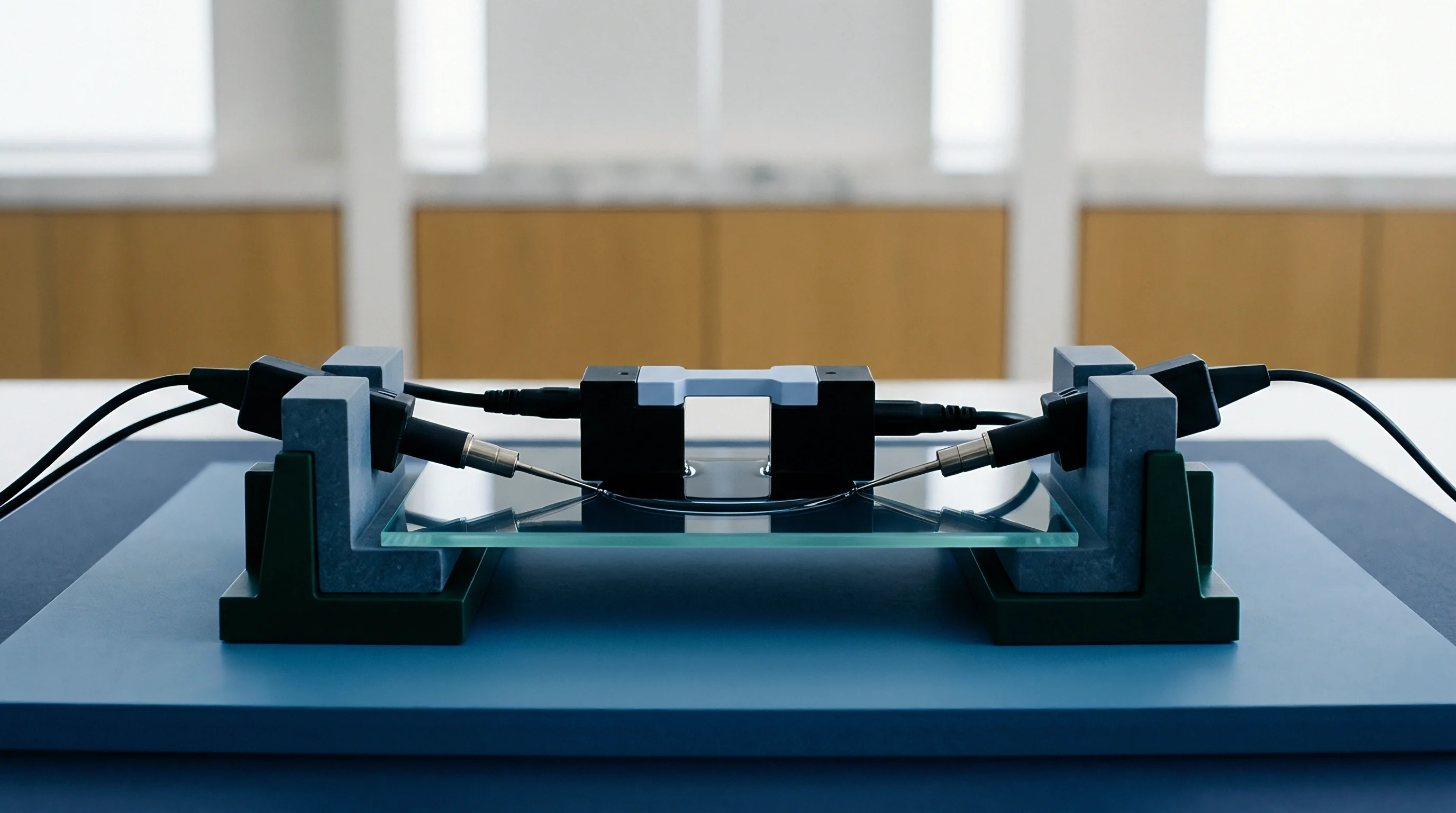A specialized testing apparatus holding a polymer membrane sample between two mechanical probes on a laboratory glass surface.
