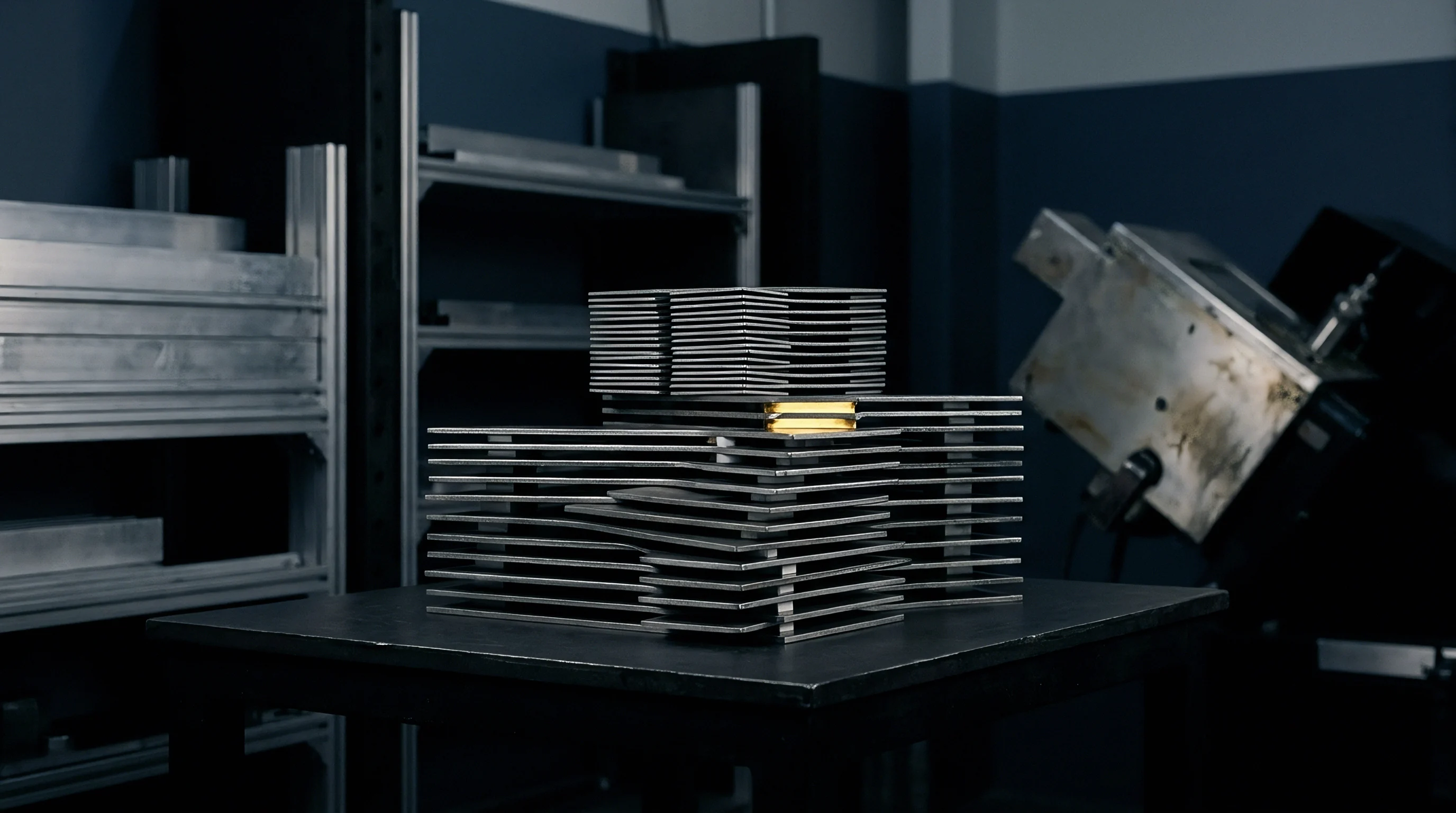 Stacked precision metal plates form a layered structure on a workshop table, with a distinctive gold component nestled within.