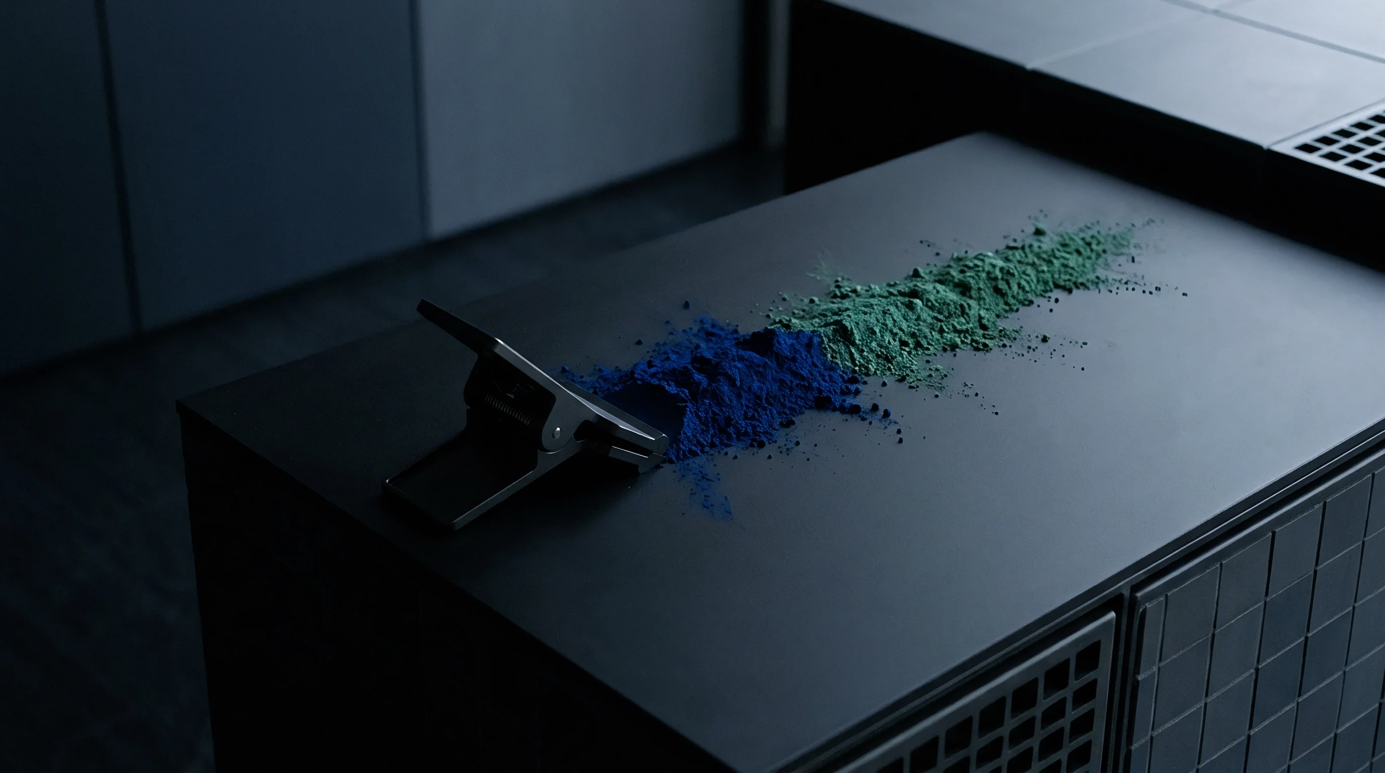 Fine blue and green mineral powders lie scattered across a black technical workspace beside a mechanical pressing tool in an industrial laboratory.