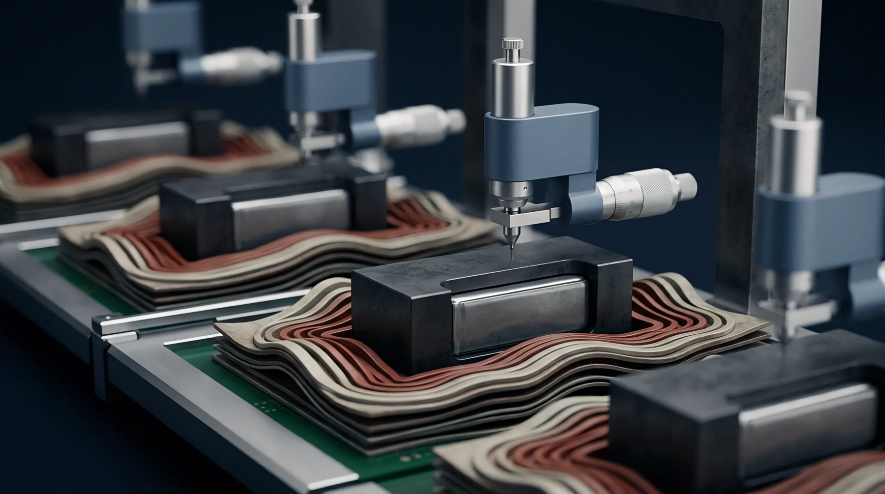 Automated assembly stations place needle probes onto layered composite stacks containing rectangular metal housings within an industrial production environment digital render.