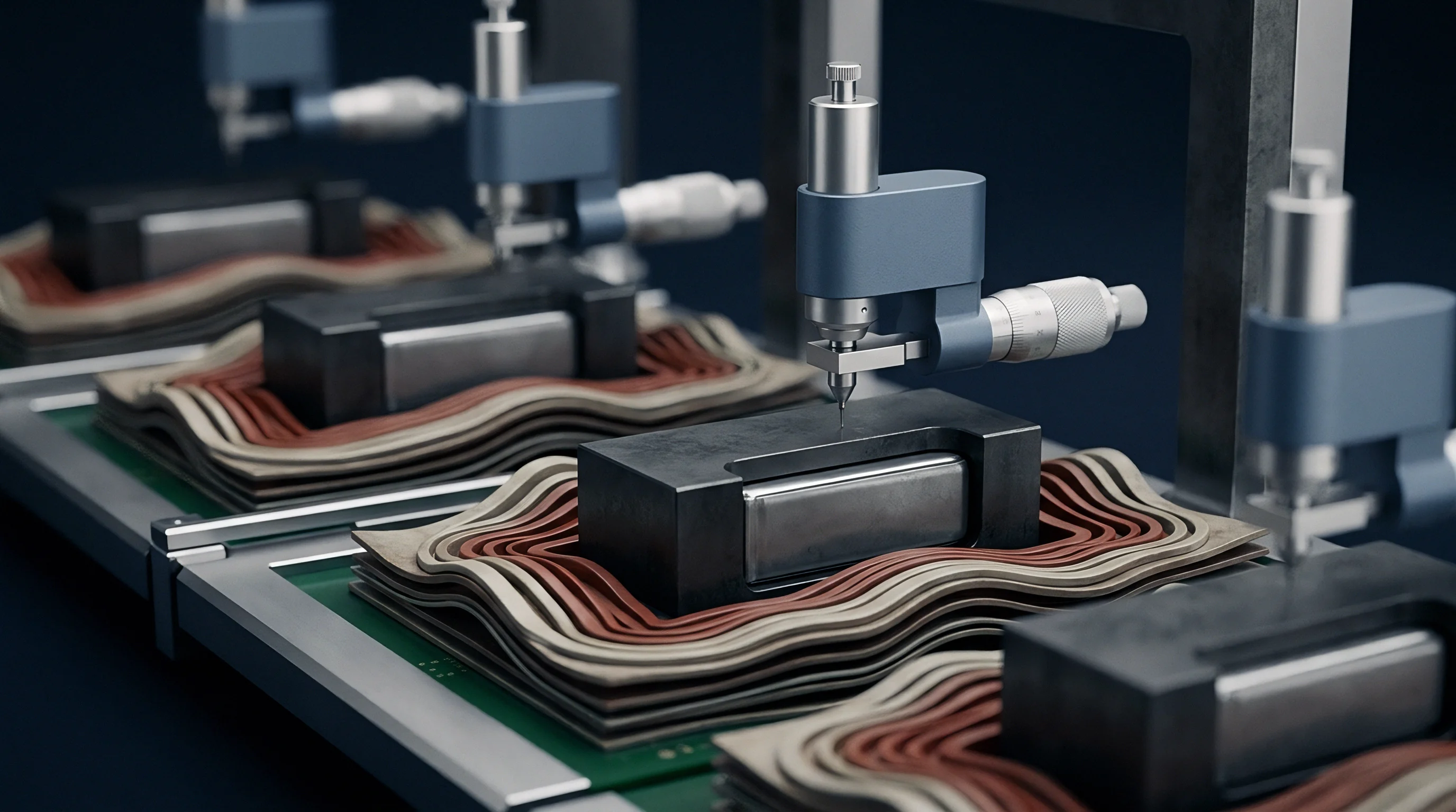 Automated assembly stations place needle probes onto layered composite stacks containing rectangular metal housings within an industrial production environment digital render.