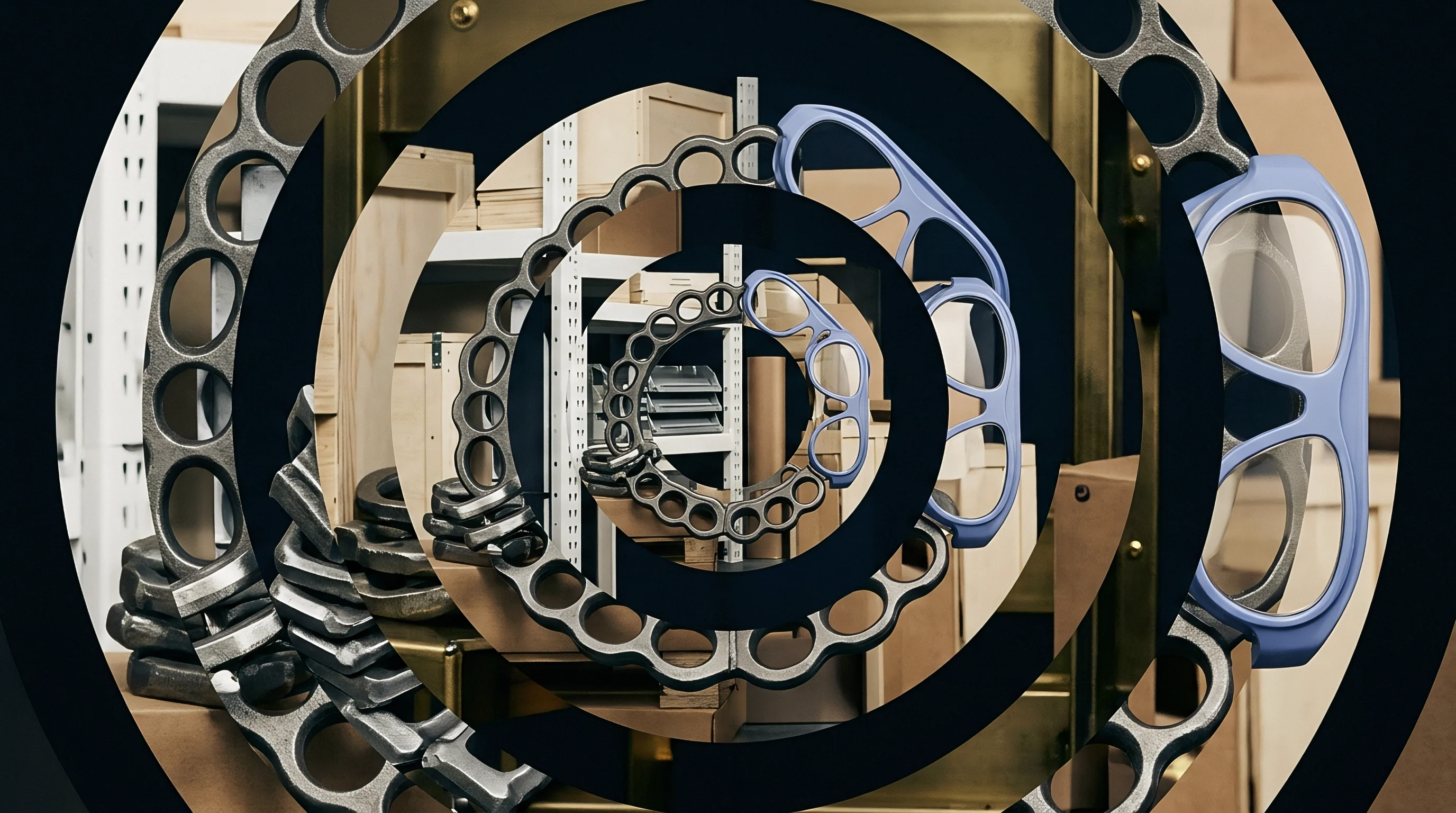 Precision stamped metal components and molded polymer housings rest on industrial shelving inside a manufacturing facility warehouse.