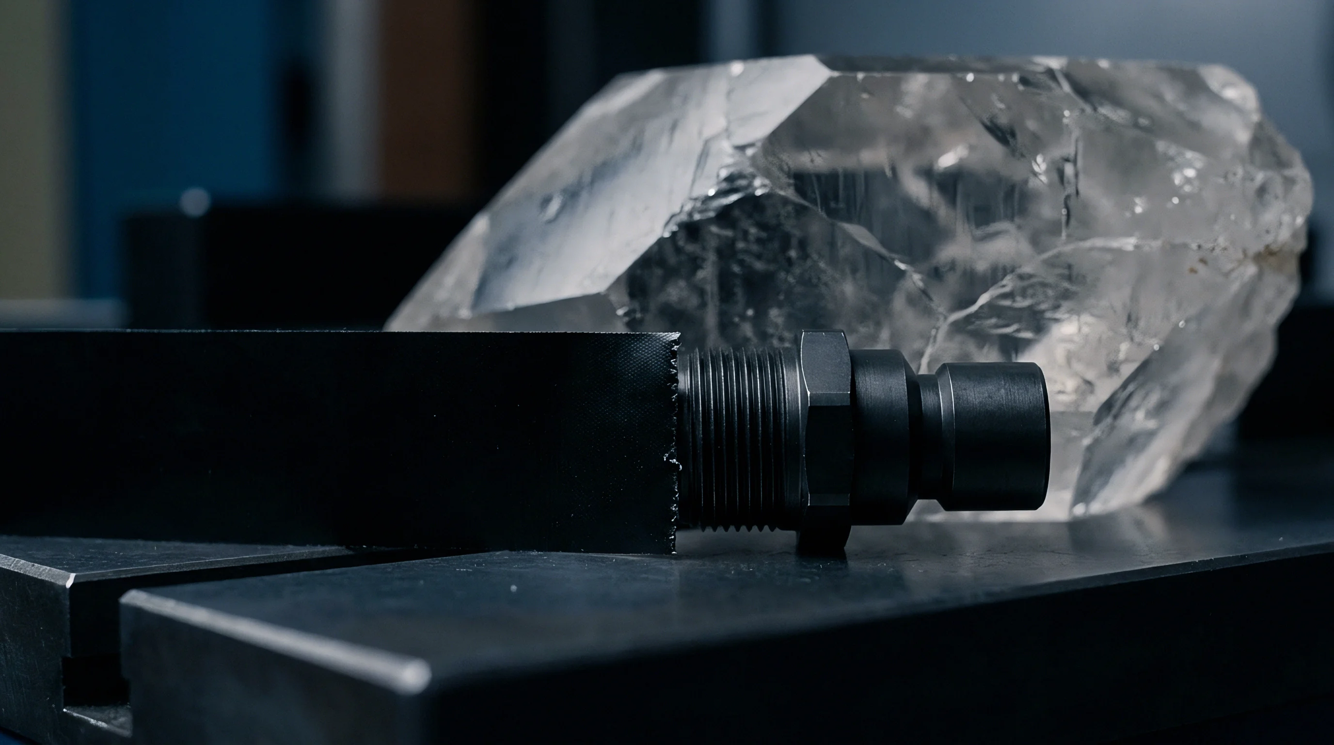 Unprocessed crystalline mineral feedstock rests beside a precision machined metallic assembly component on a dark workshop surface during preparation.