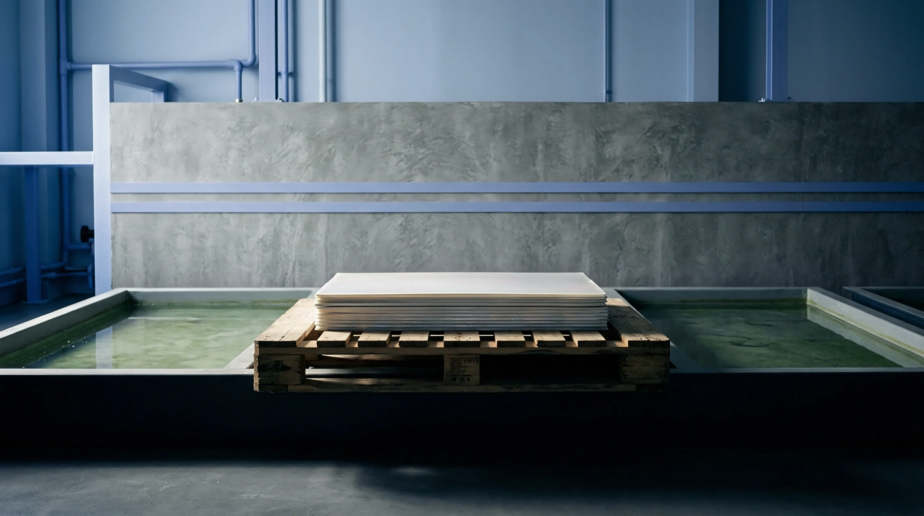 Stacked white battery plates sit on a wooden pallet between two chemical baths in this digital render of a manufacturing facility.