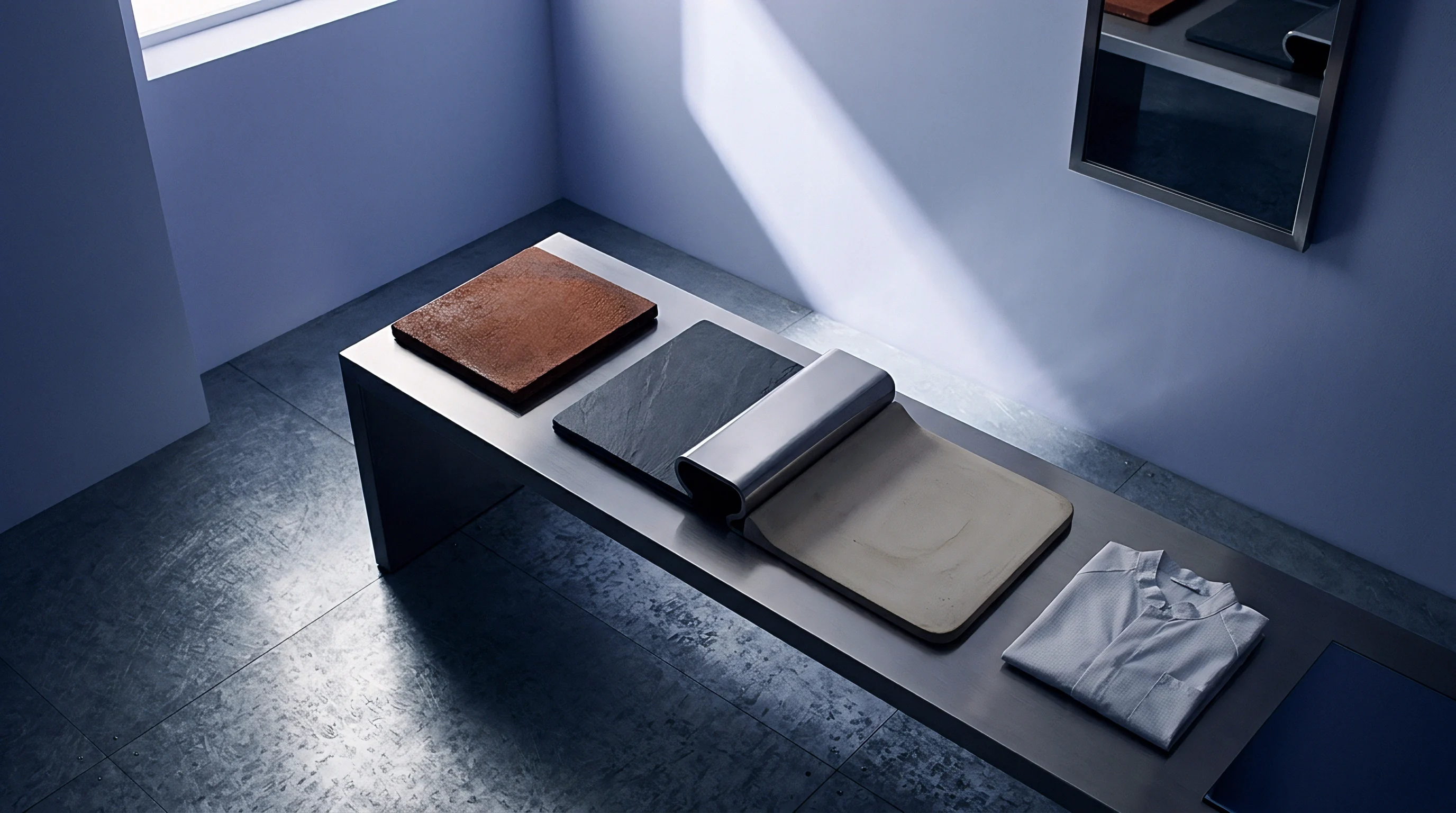 Material samples including metallic casings and ceramic components rest on a stainless steel inspection table inside a clean production facility.