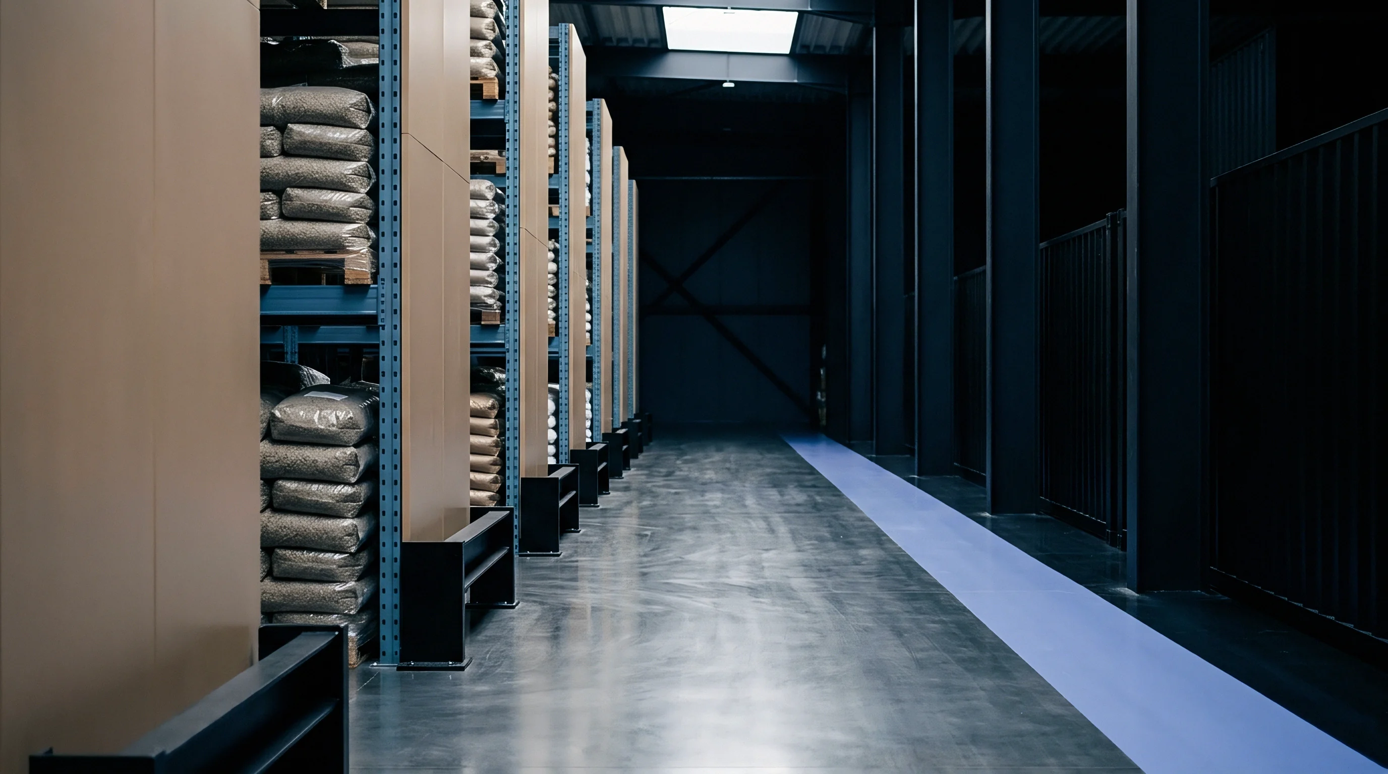 Stacks of battery precursor material bags rest on industrial metal shelving units inside a dimly lit manufacturing warehouse facility.