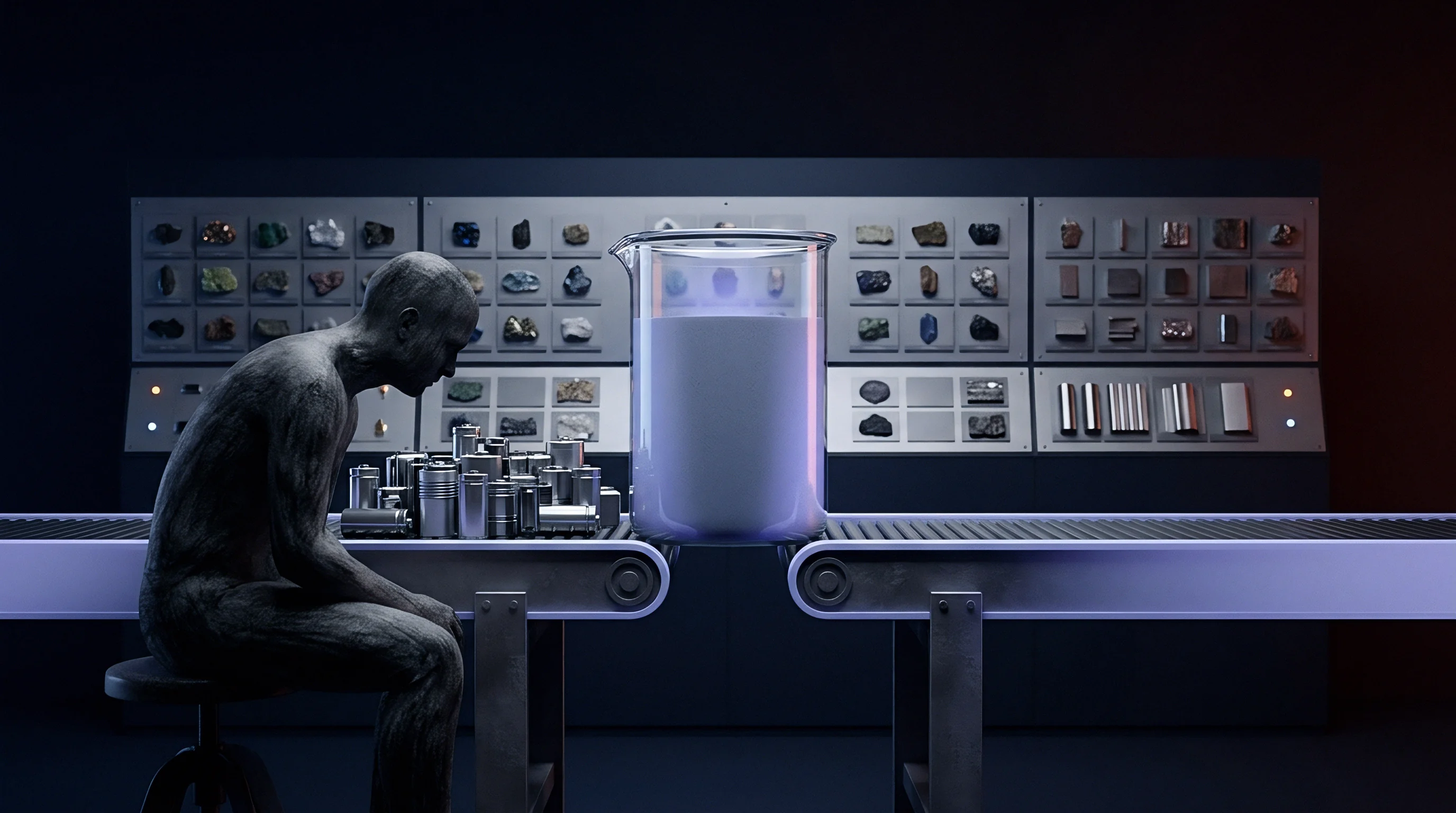 A humanoid figure sits beside a conveyor belt transporting cylindrical cells past a beaker of glowing chemical mixture in an industrial laboratory.