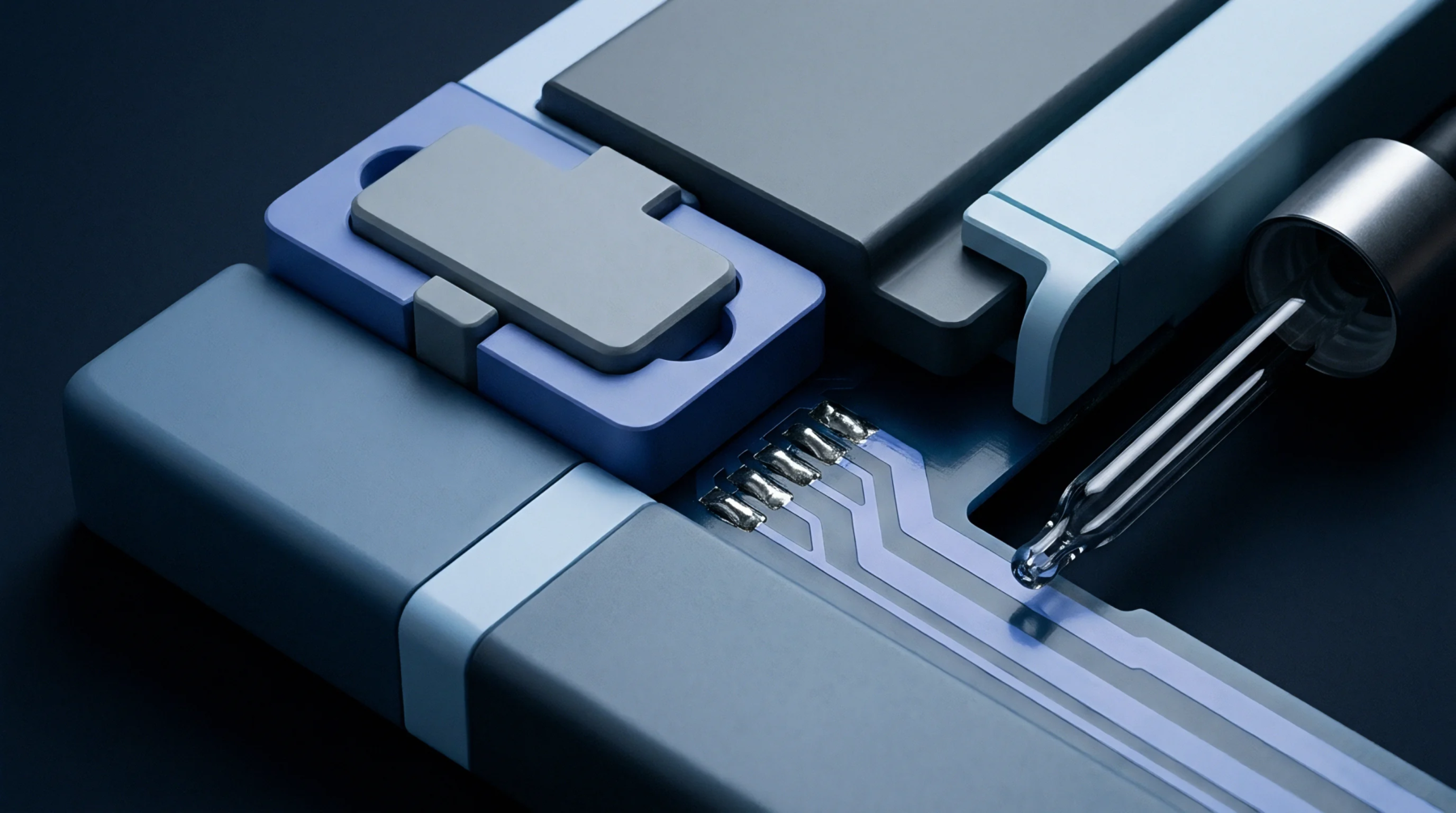 Precision glass dispensing equipment hovers above blue circuit boards and modular energy storage components in a digital illustration.
