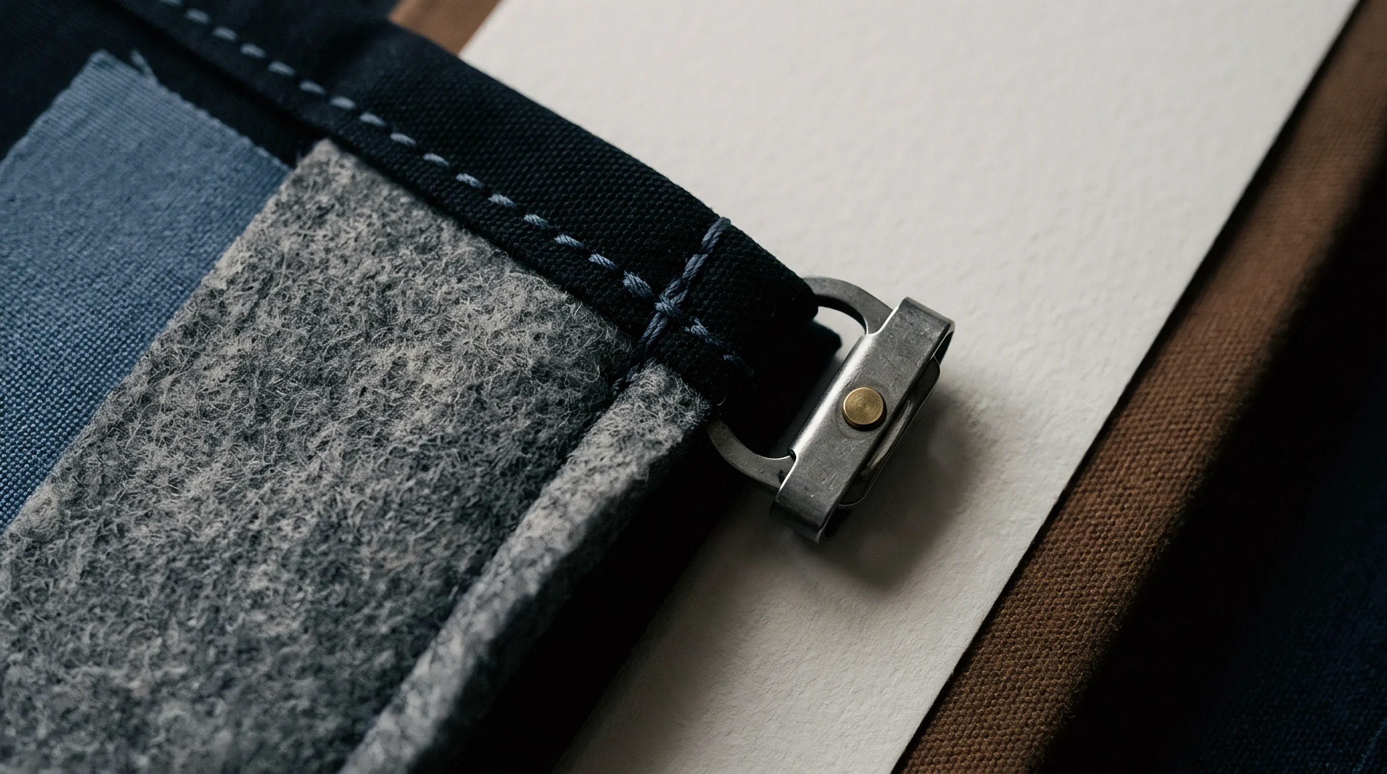 Durable canvas and felt composite layers attach to precision engineered metal fastener hardware inside a modular battery manufacturing facility.