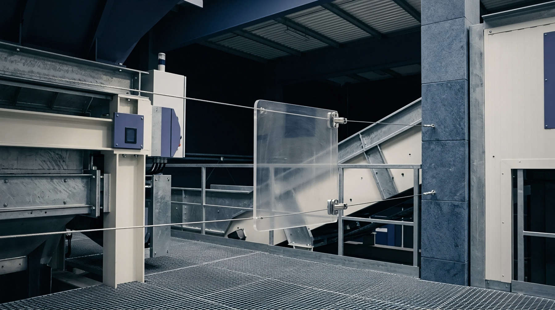Steel floor grating and tension cables support a transparent safety shield within a battery material processing facility.
